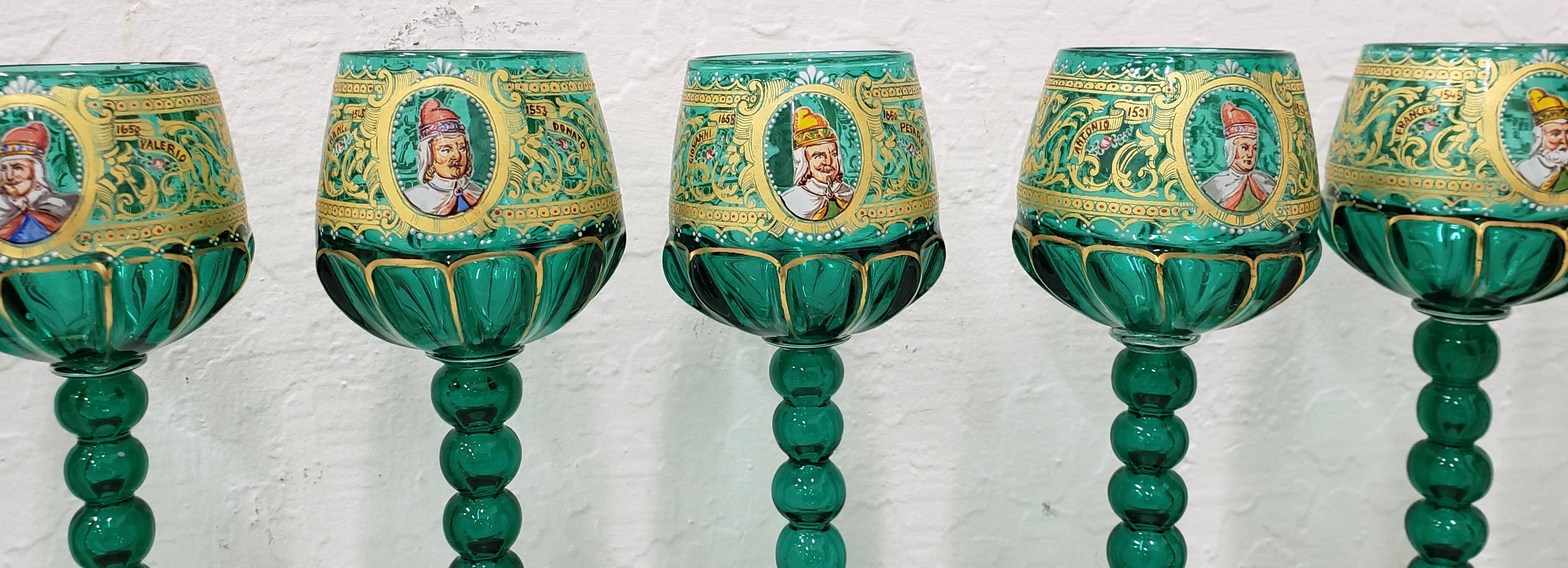 Italian Set of 9 Salviati Murano Wine Glasses Hand Painted with Notable Venetian Figures