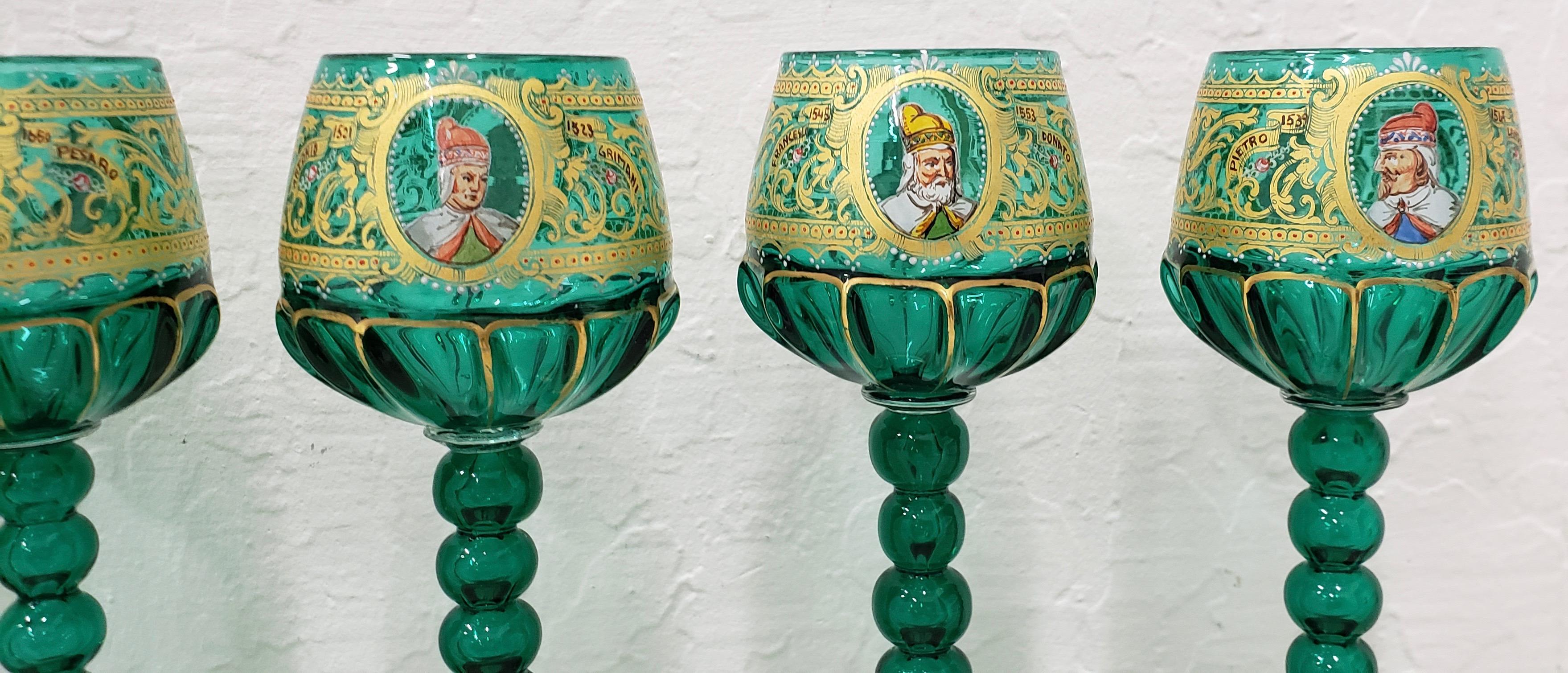 Hand-Painted Set of 9 Salviati Murano Wine Glasses Hand Painted with Notable Venetian Figures