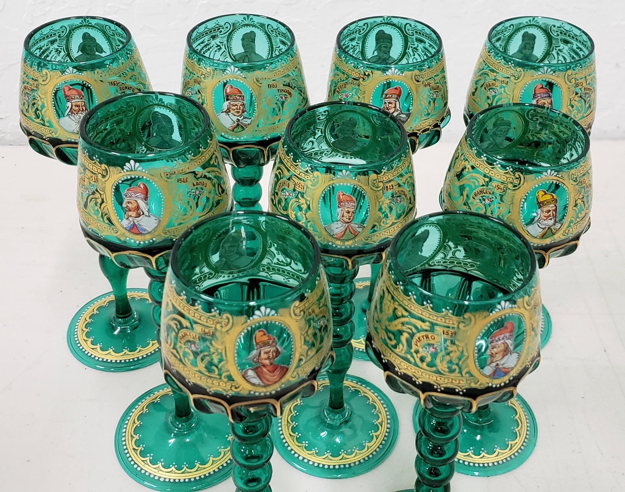 20th Century Set of 9 Salviati Murano Wine Glasses Hand Painted with Notable Venetian Figures
