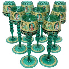 Set of 9 Salviati Murano Wine Glasses Hand Painted with Notable Venetian Figures