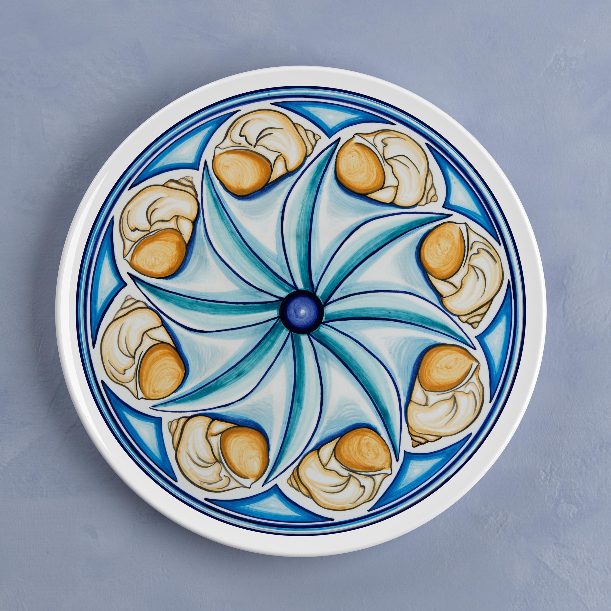 Contemporary Set of 9 Sicilian Clay Hand-Painted Colapesce Dinner Plates, Made in Italy For Sale