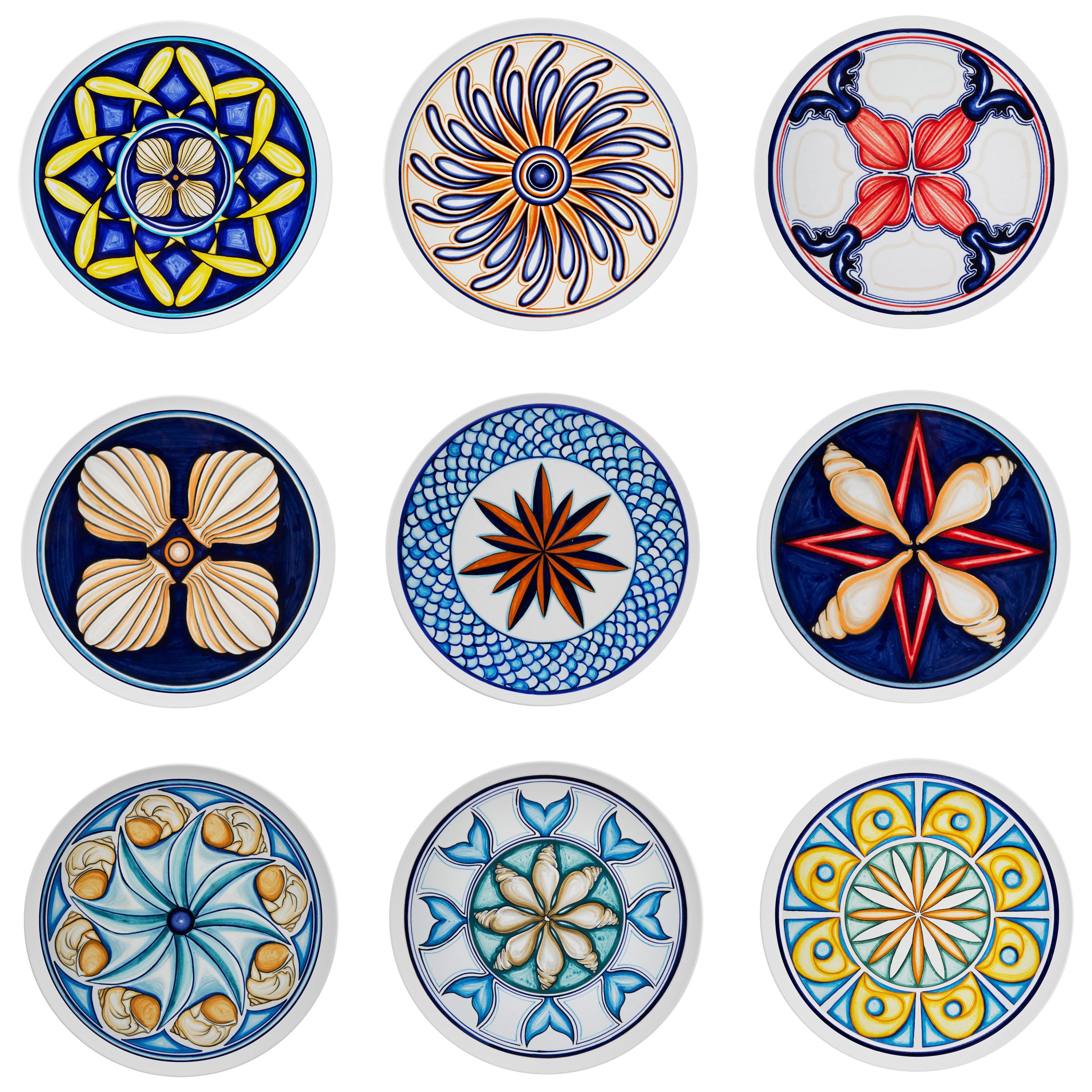 Set of 9 Sicilian Clay Hand-Painted Colapesce Dinner Plates, Made in Italy For Sale