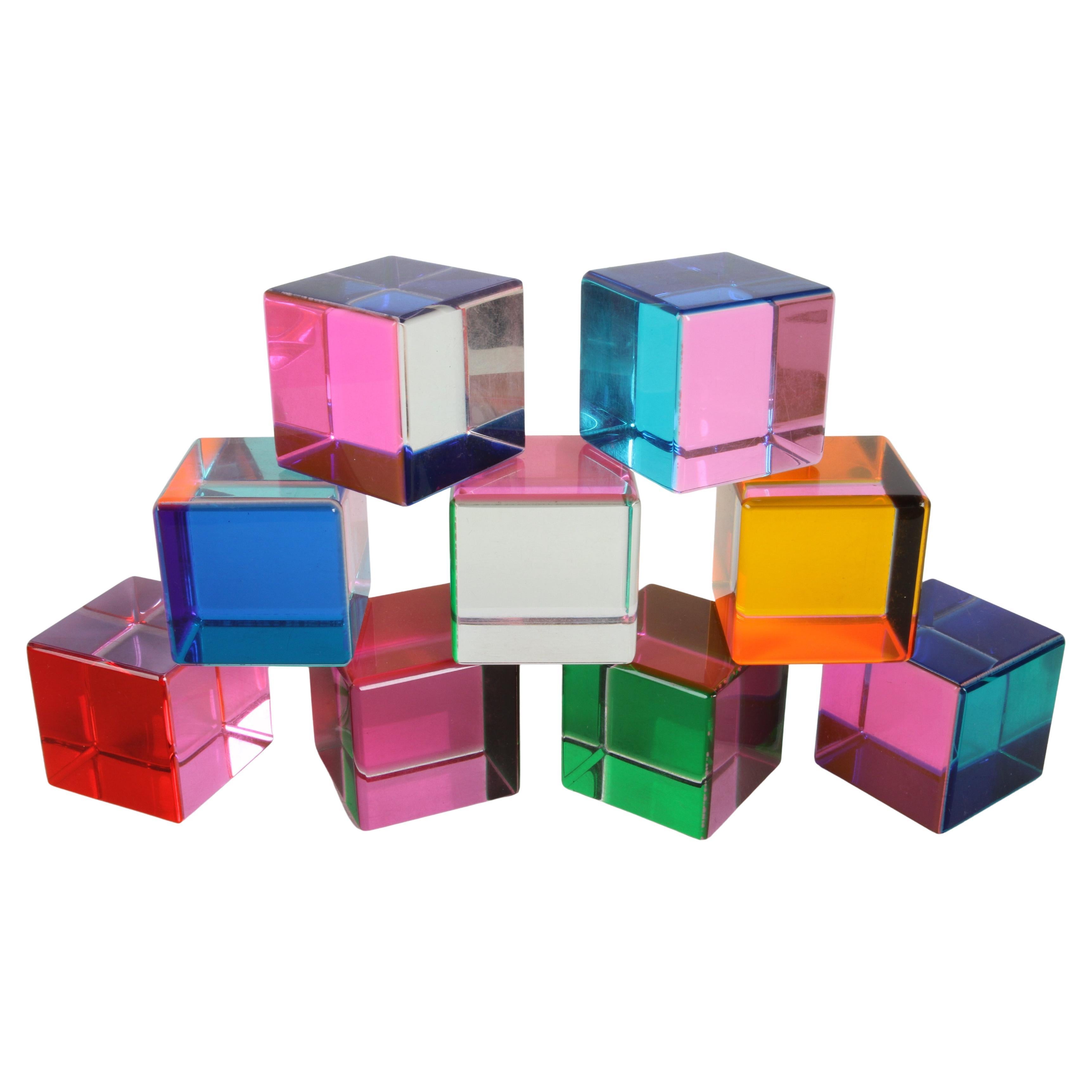 Set of 9 Signed Vasa Mihich Lucite Laminated Op-Art Cube Sculptures Dated 1989
