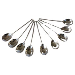 Set of 9 Sterling Silver Twisted Stem Demitasse Coffee Spoons