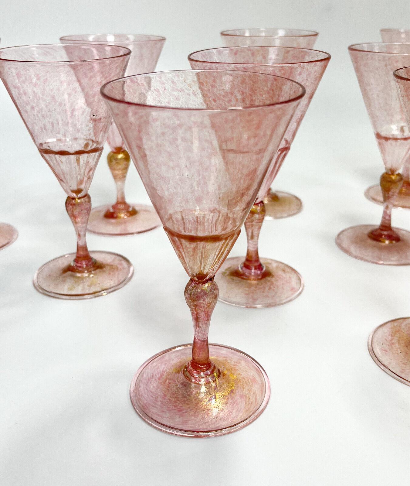 Set of 9 Venetian Cranberry Art Glass and Gold Fleck Wine Goblets In Good Condition In Gardena, CA