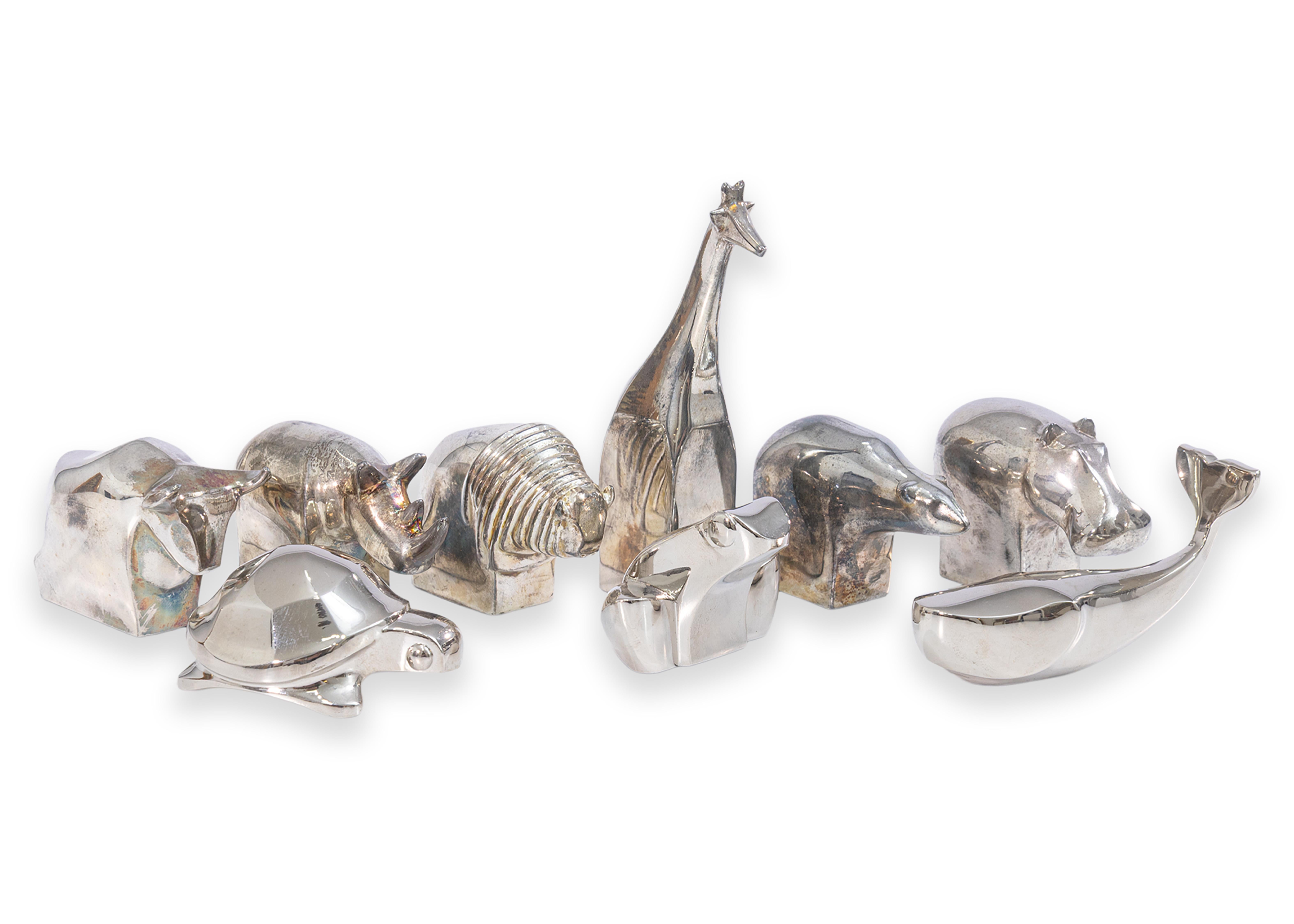Fine XX secolo Set di 9 animali vintage anni '70 Gunnar Cyren per la serie Dansk Zoo placcati in argento in vendita