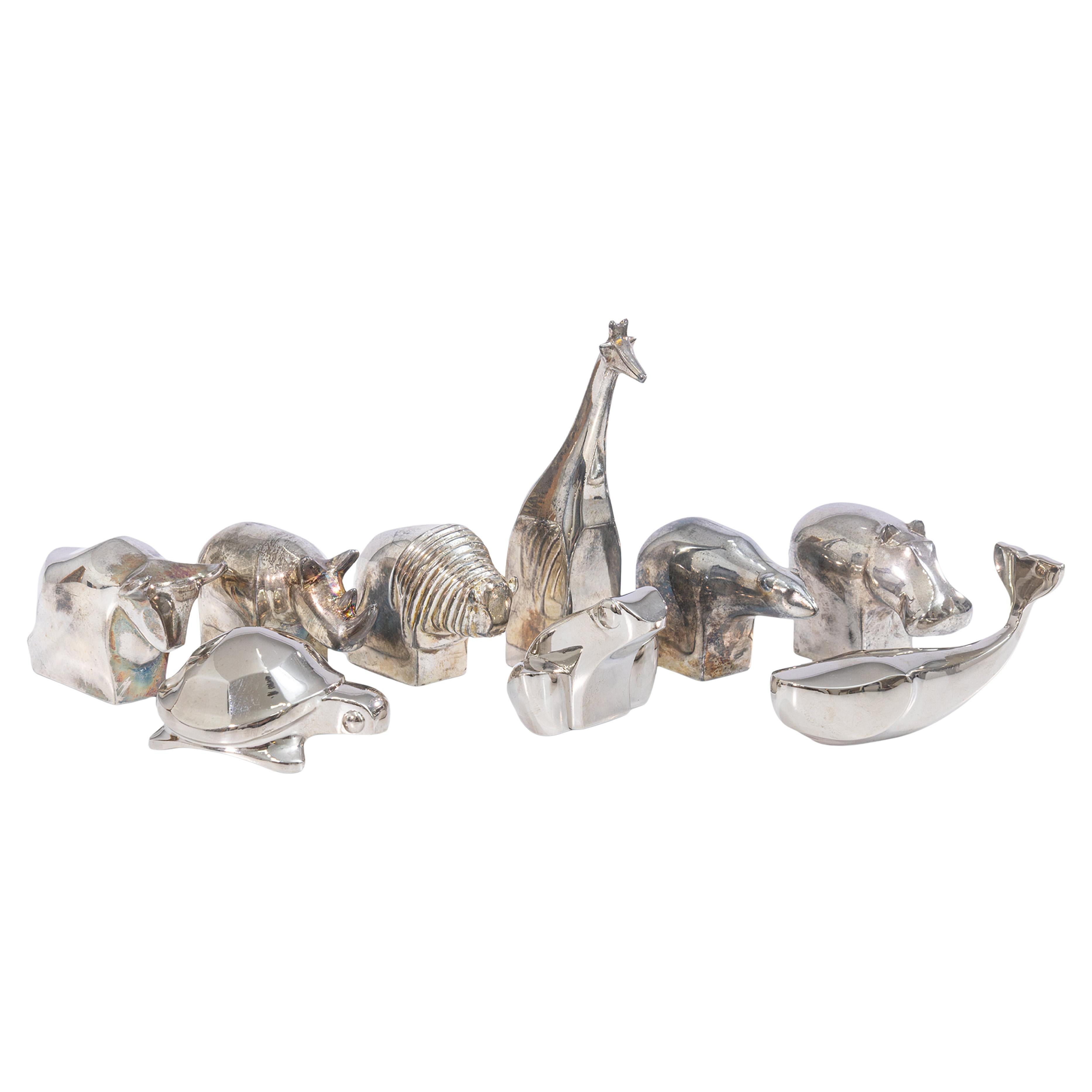 Set di 9 animali vintage anni '70 Gunnar Cyren per la serie Dansk Zoo placcati in argento