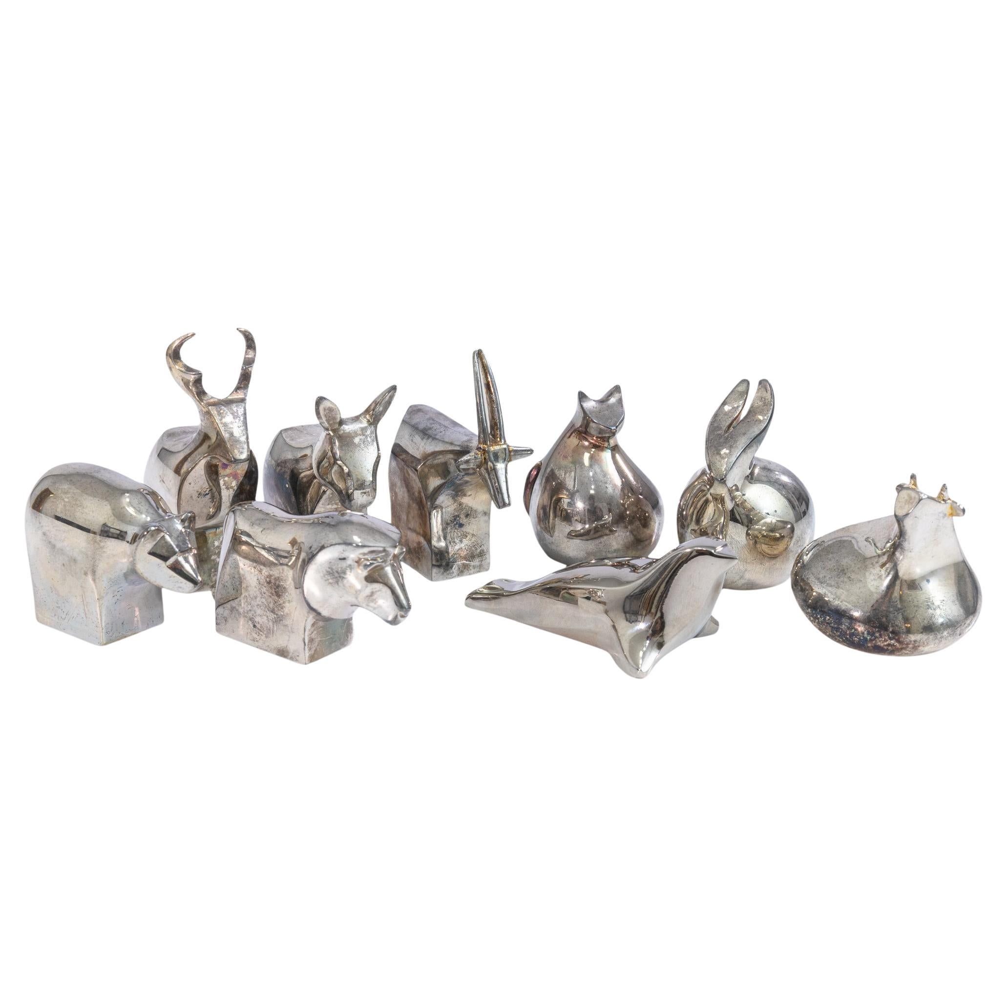 Set di 9 animali vintage anni '70 Gunnar Cyren per la serie Dansk Zoo placcati in argento
