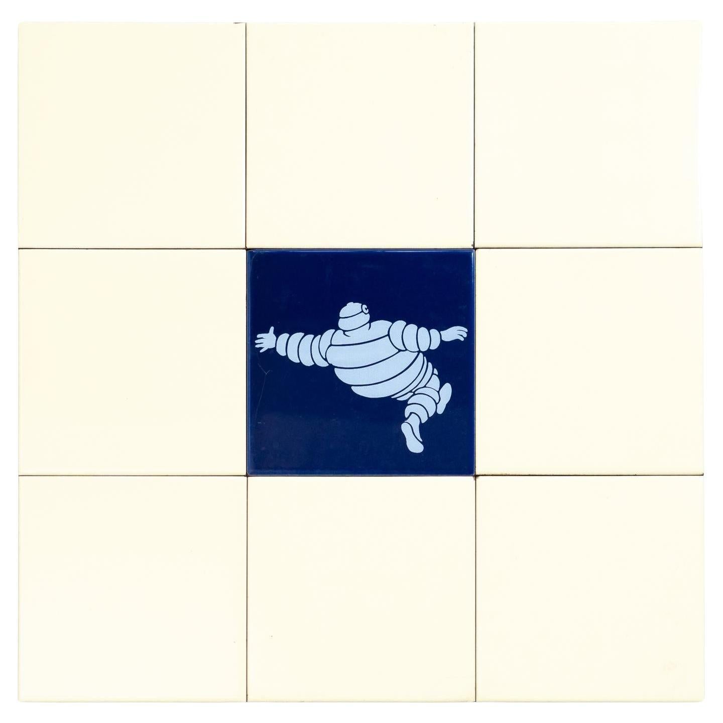 Set of 9 Vintage Beige - Yellow and Blue Michelin Man Tiles, circa 1960 For Sale