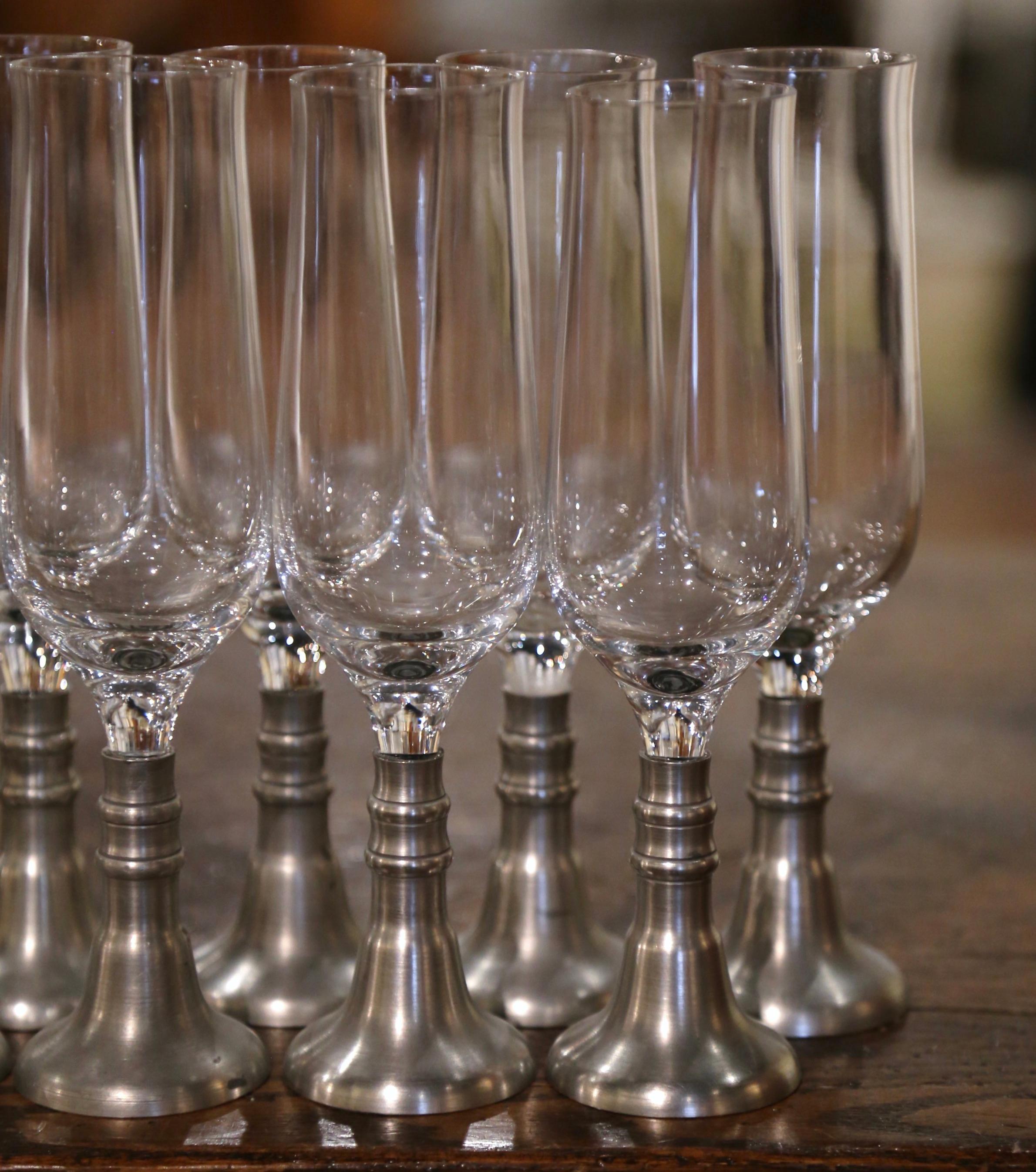 Hand-Crafted Set of 9 Vintage French Pewter and Glass Champagne Flutes