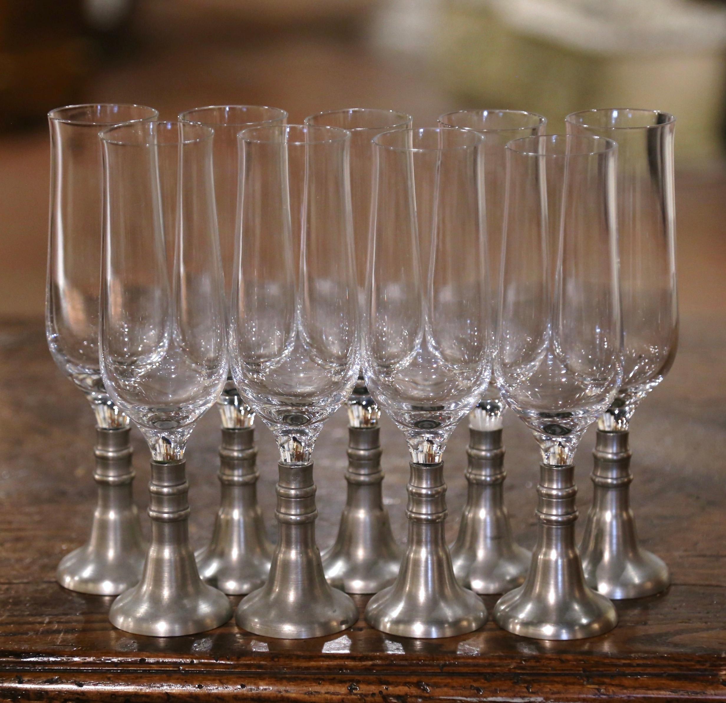 Set of 9 Vintage French Pewter and Glass Champagne Flutes In Excellent Condition In Dallas, TX