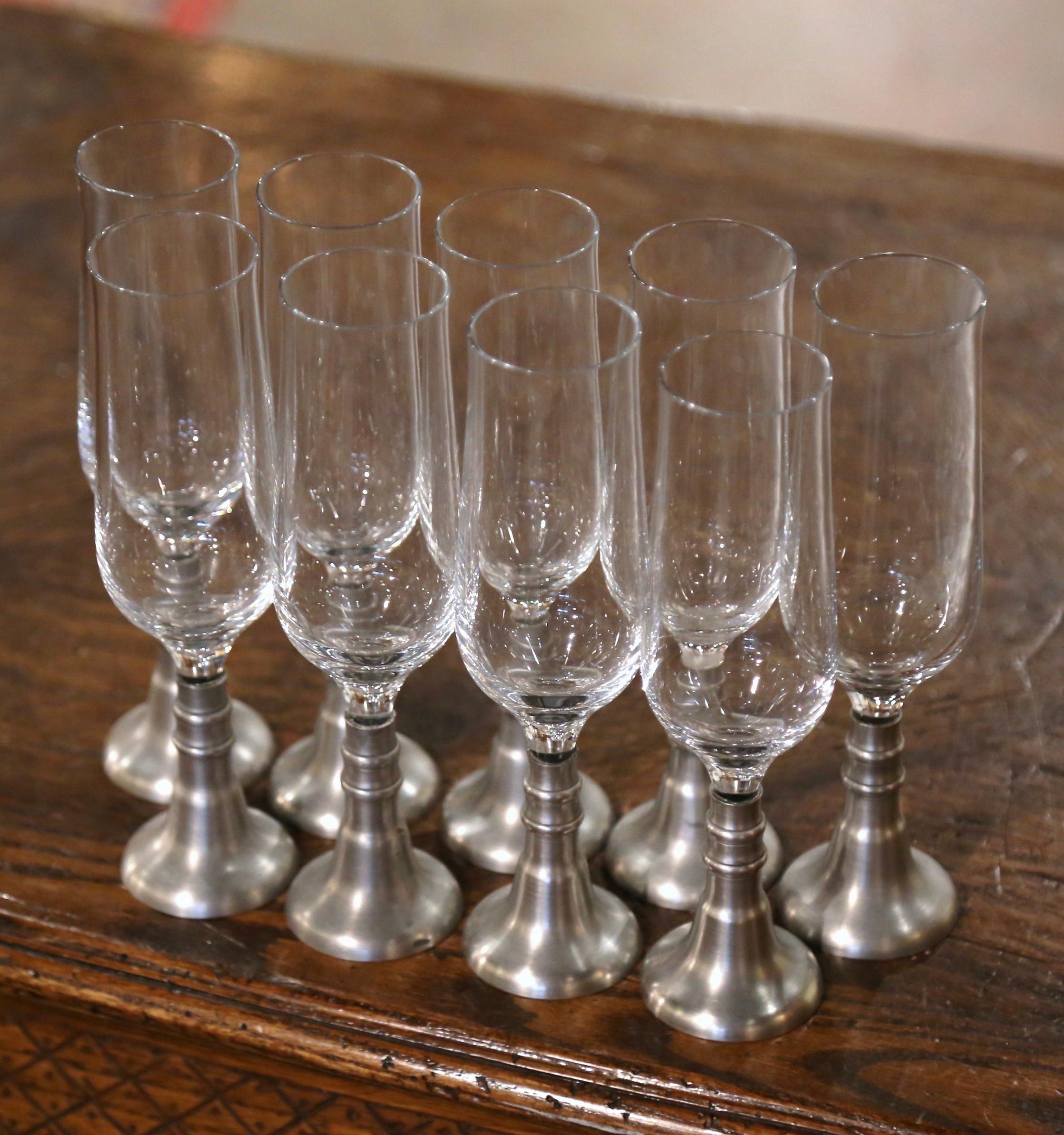 20th Century Set of 9 Vintage French Pewter and Glass Champagne Flutes