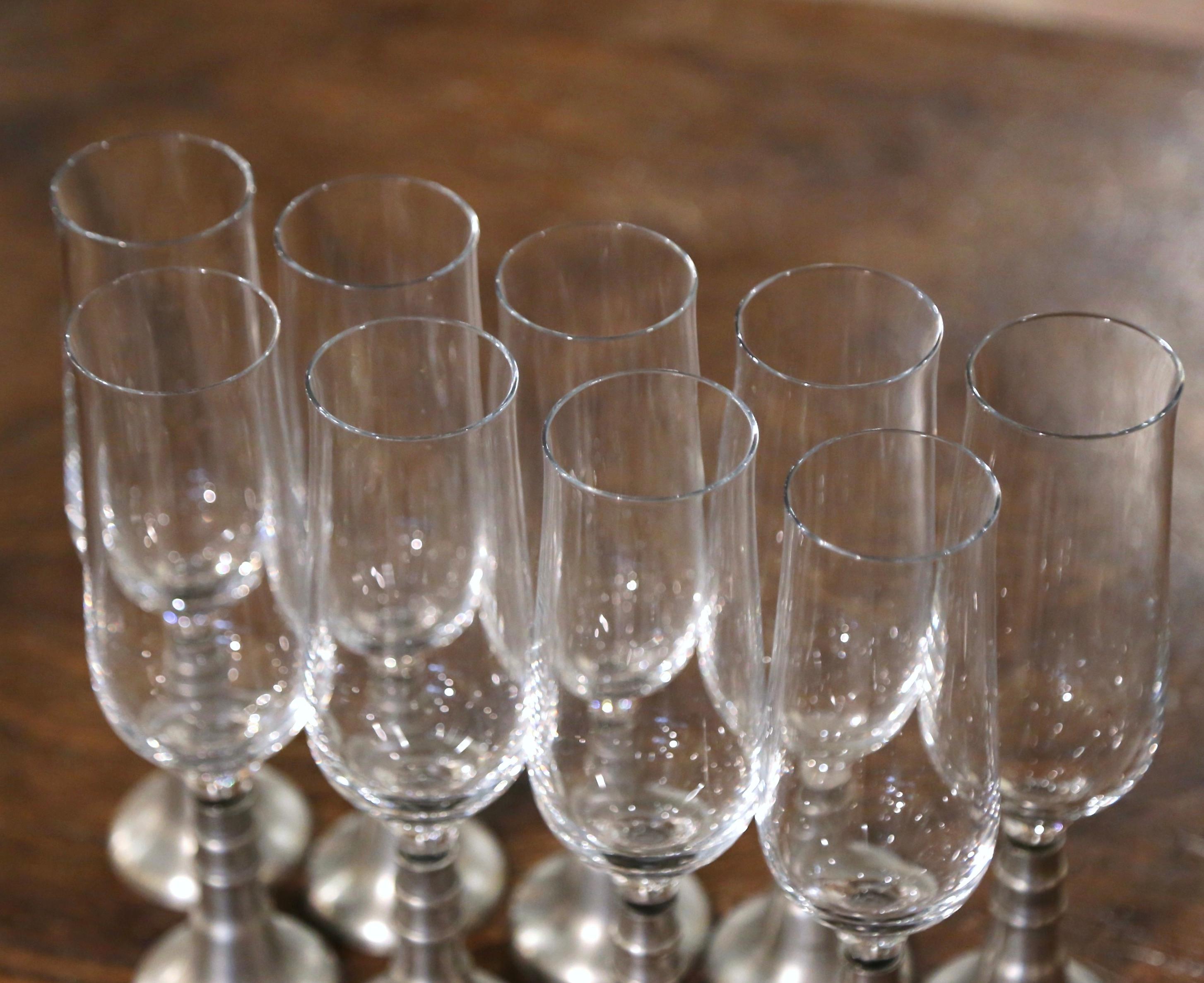 Set of 9 Vintage French Pewter and Glass Champagne Flutes 1