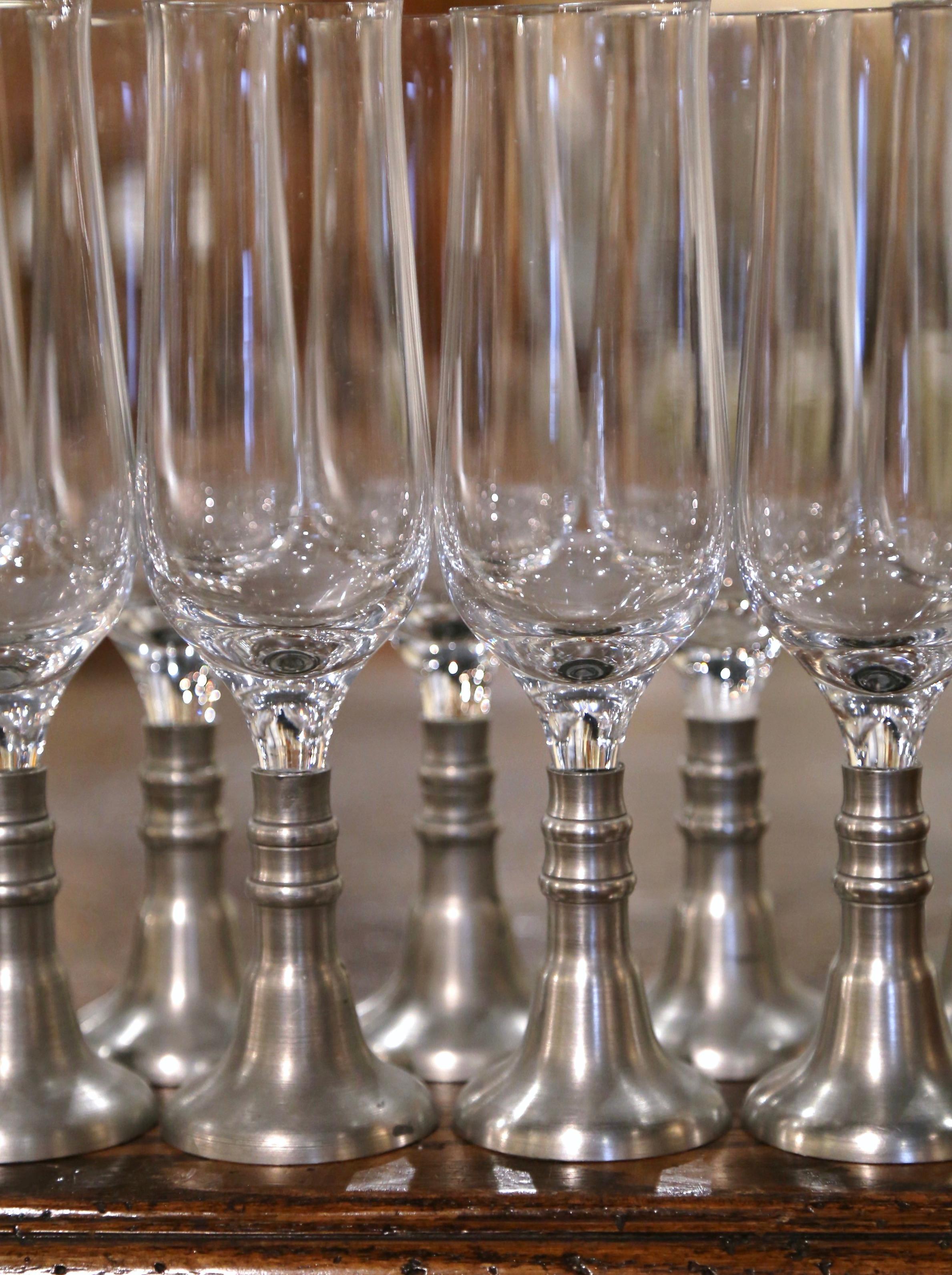 Set of 9 Vintage French Pewter and Glass Champagne Flutes 2