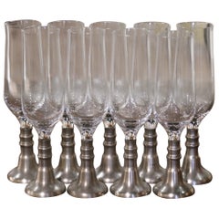 Set of 9 Vintage French Pewter and Glass Champagne Flutes