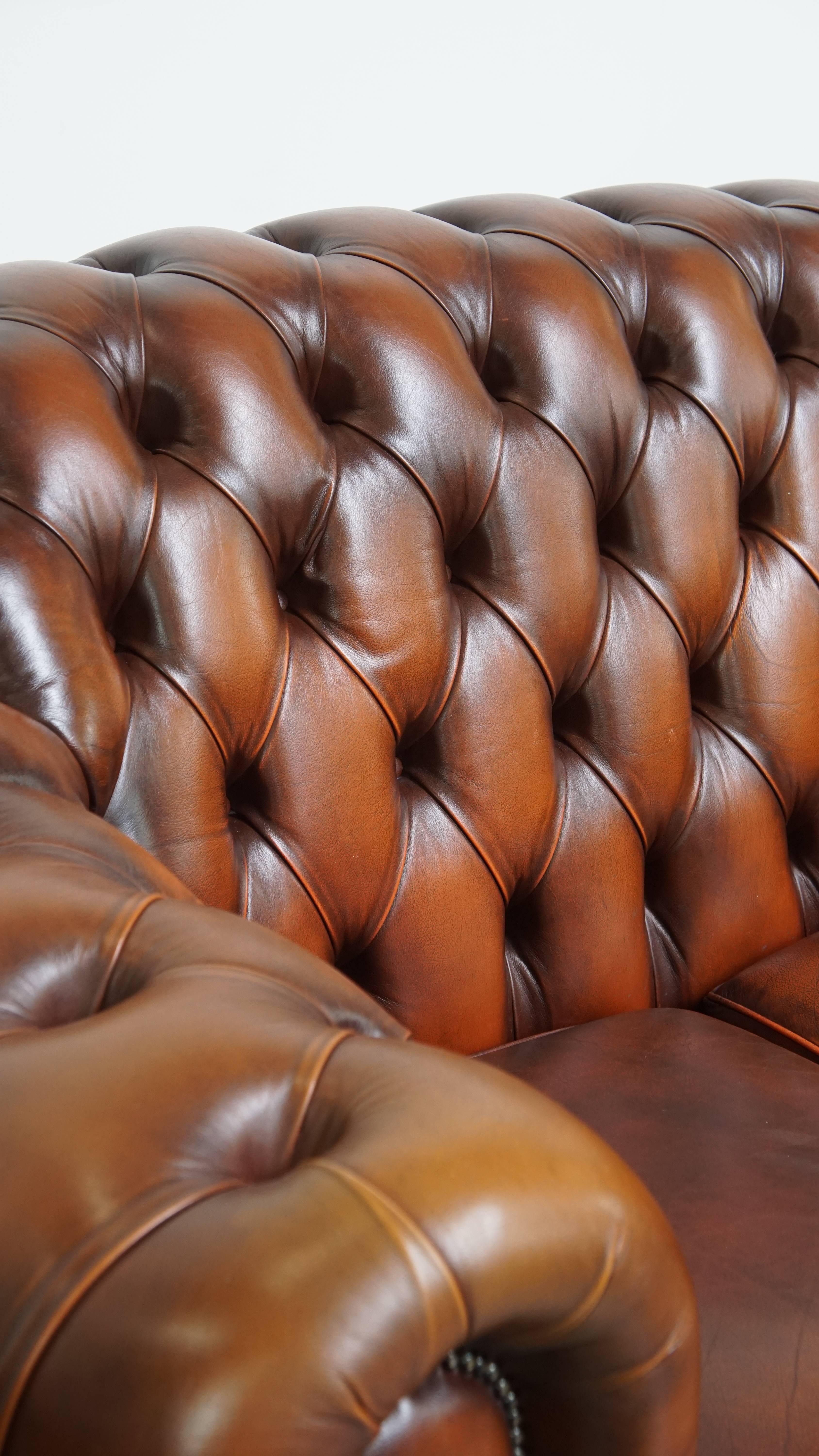 Set of a 2.5-Seater and 2-Seater Brown English Cowhide Leather Chesterfield Sofa For Sale 7