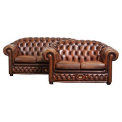 Set of a 2.5-Seater and 2-Seater Brown English Cowhide Leather Chesterfield Sofa