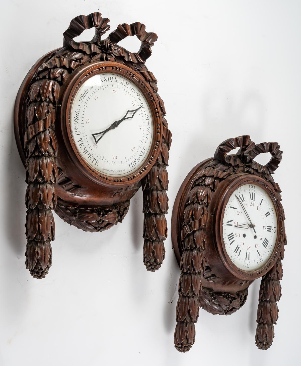 Late 19th Century Set of a Barometer and a Clock, 19th Century For Sale