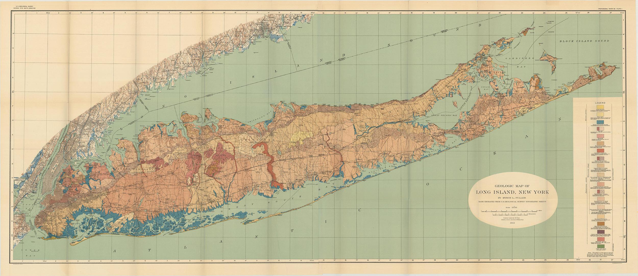 This listing included a book and two maps of Long Island:

1) Myron Fuller's report on the Geology of Long Island, published as Professional Paper 82, contains scores of line drawings, black and white photographs and small maps.

2) Topographic