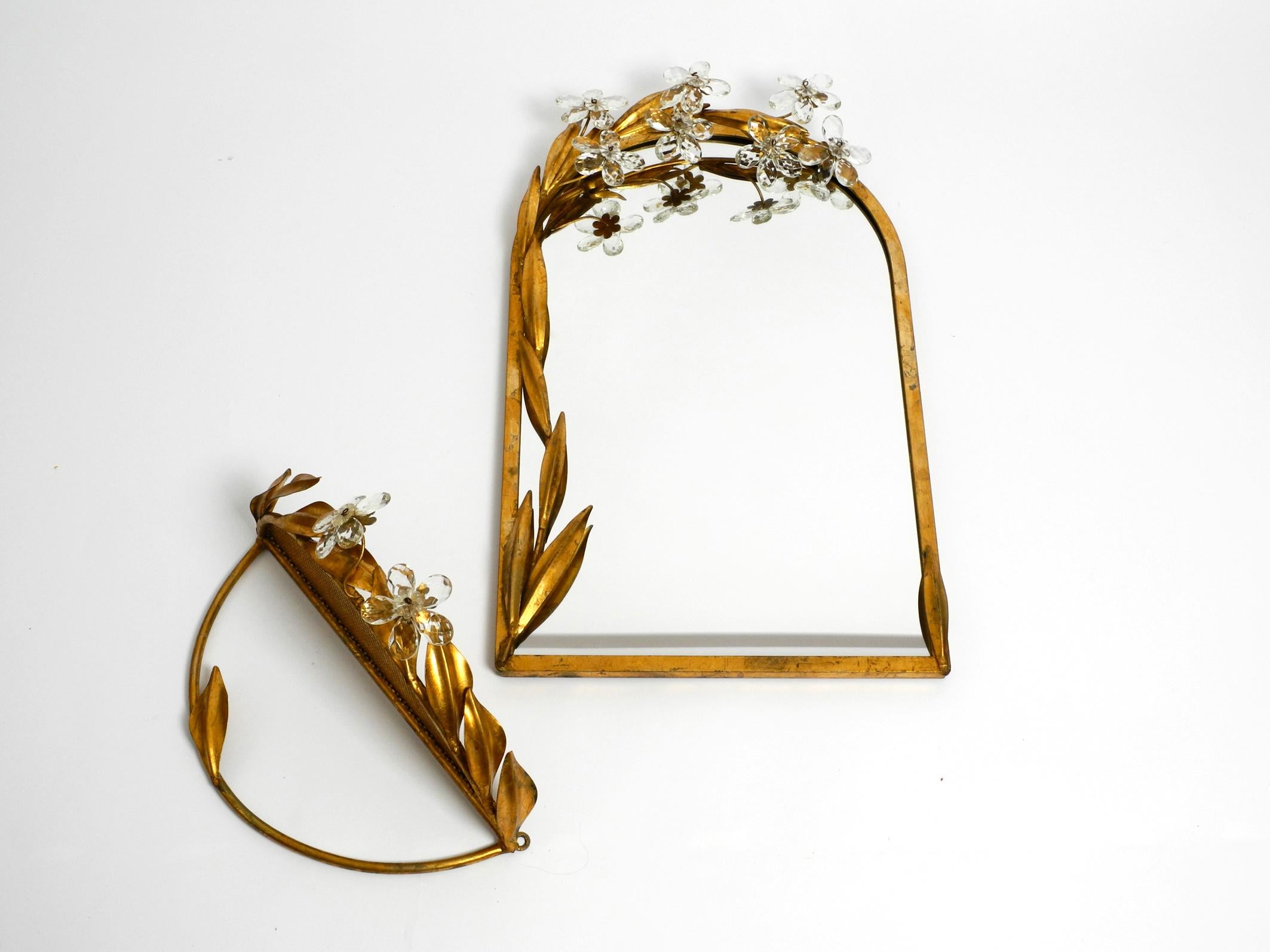 Italian Set of a Floral Iron Wall Mirror and Matching Shelf Gold Plated by Banci Firenze For Sale