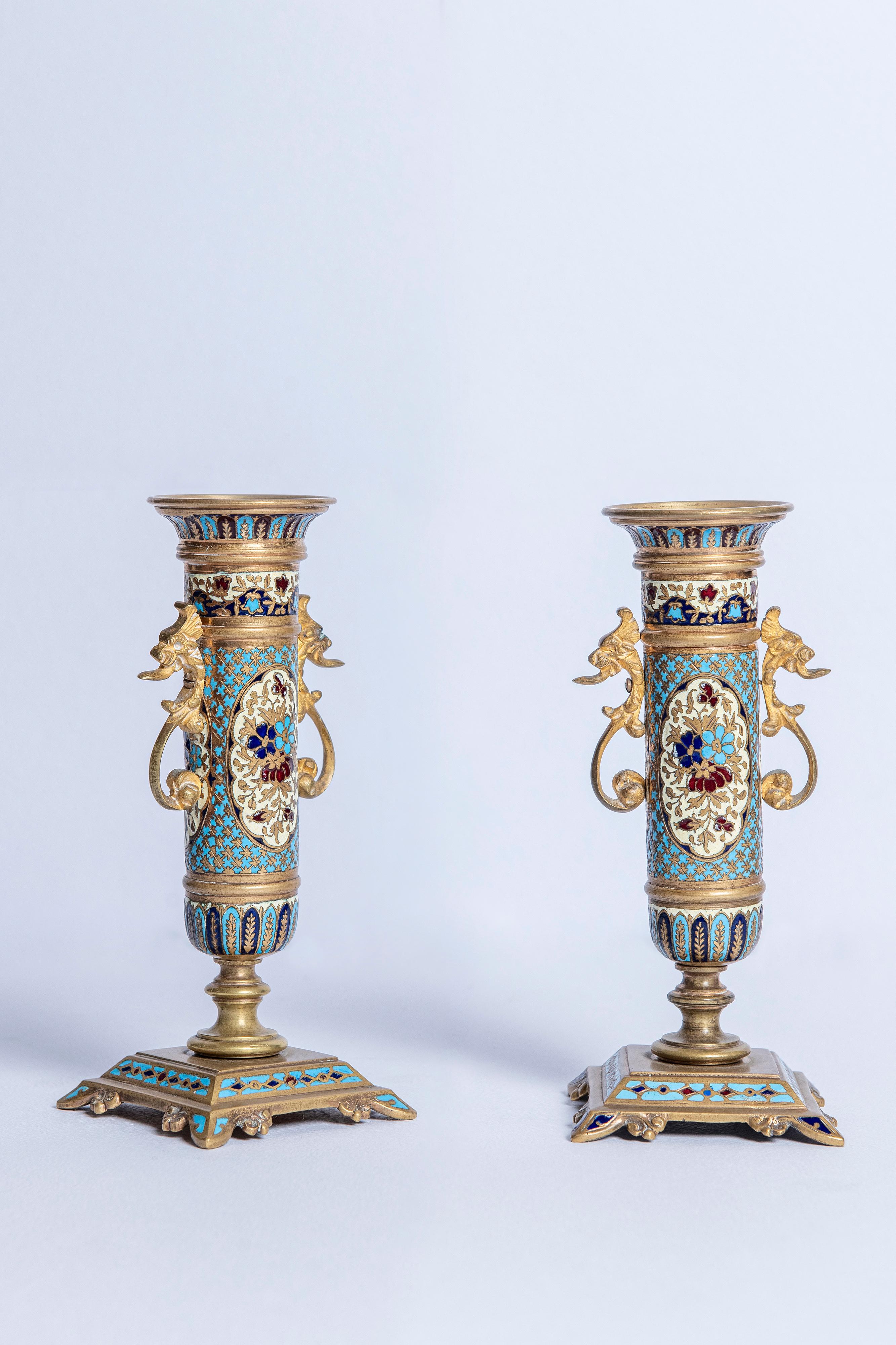Cloissoné Set of a Pair of Closionne Candlesticks and a Picture Frame, France, circa 1890 For Sale