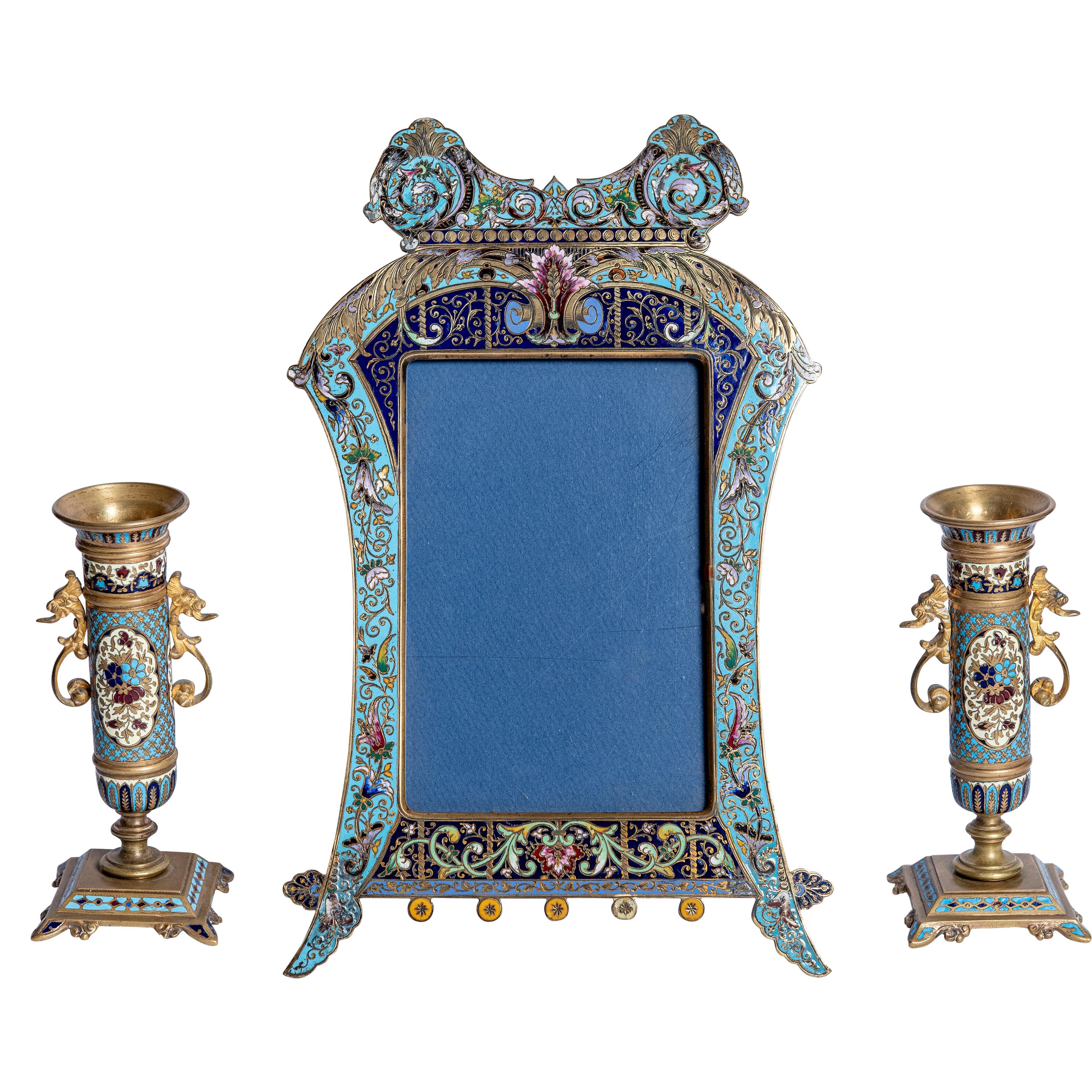 Set of a Pair of Closionne Candlesticks and a Picture Frame, France, circa 1890 For Sale