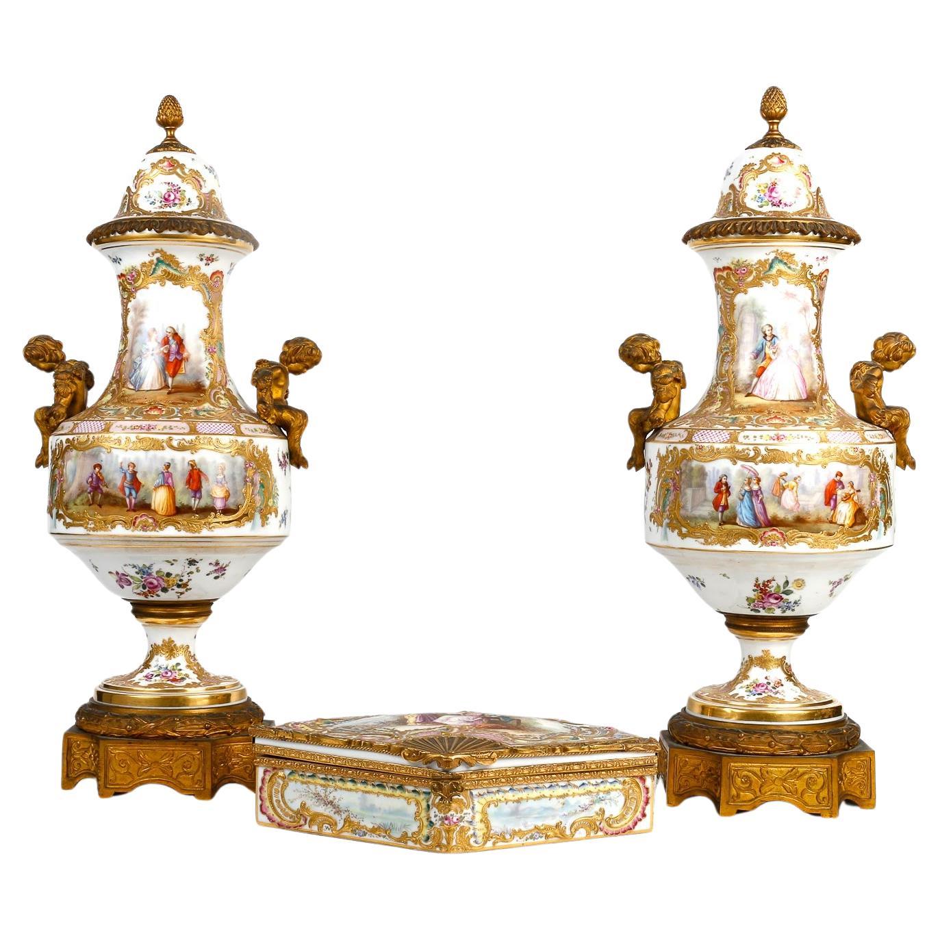 Set of a Pair of Vases and a Fan Shaped Box, 19th Century. For Sale