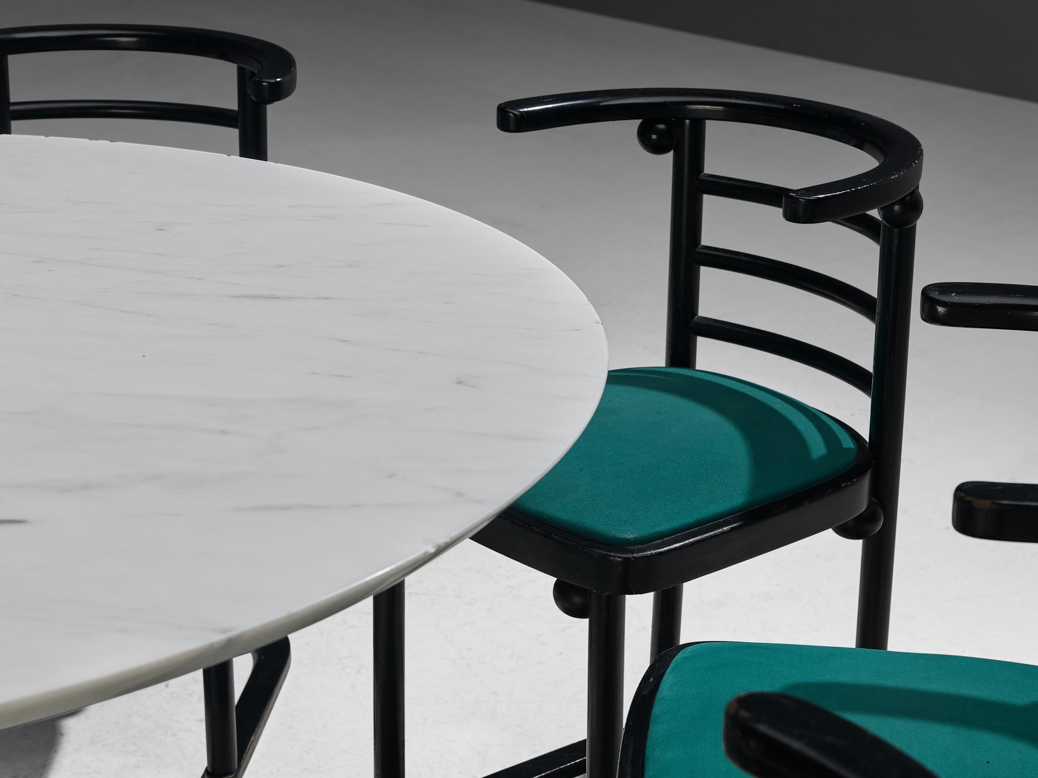 Mid-Century Modern Set of a Round Marble Centre Table and Dining Chairs in Vivid Green Upholstery