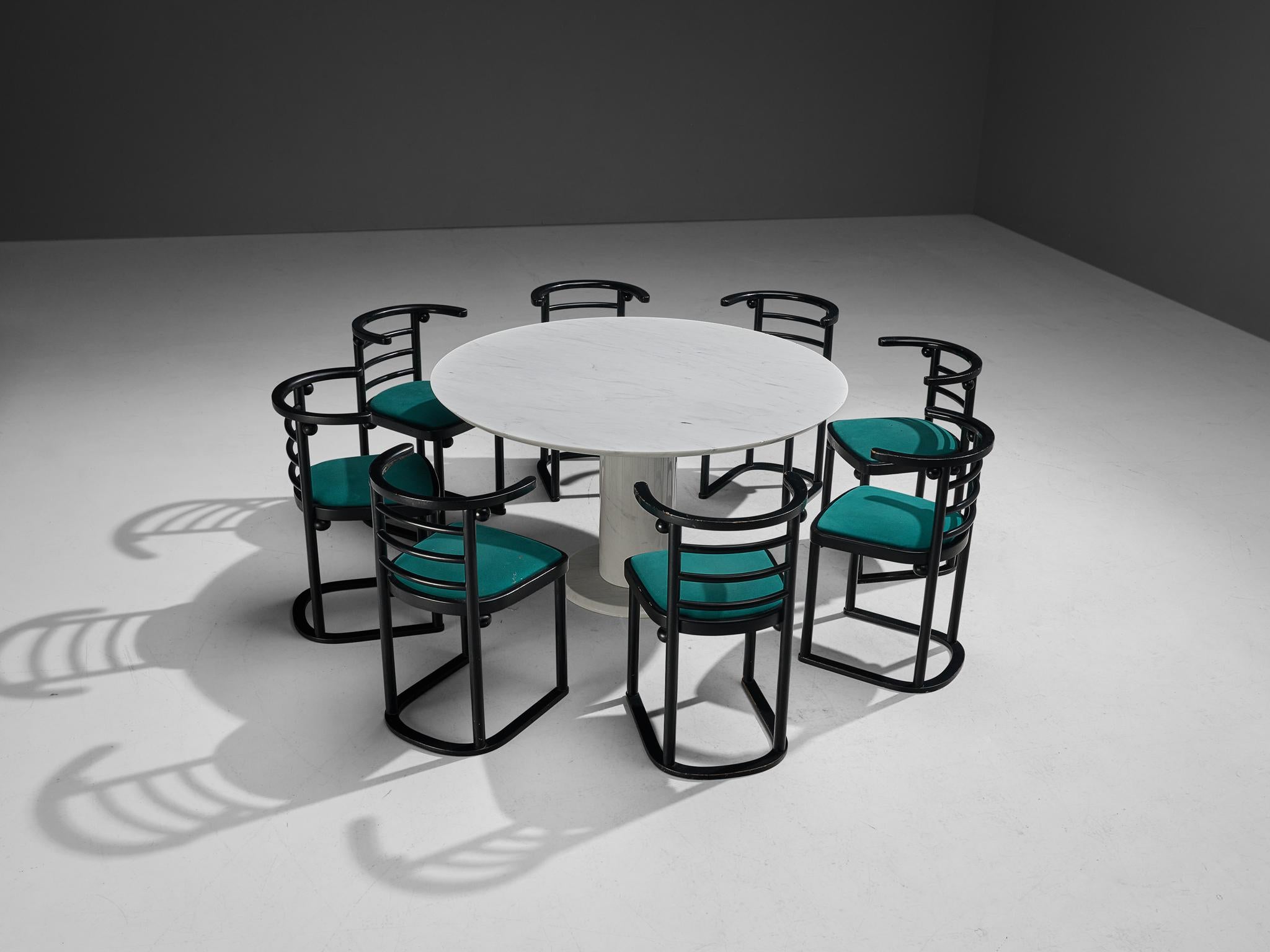 Italian Set of a Round Marble Centre Table and Dining Chairs in Vivid Green Upholstery