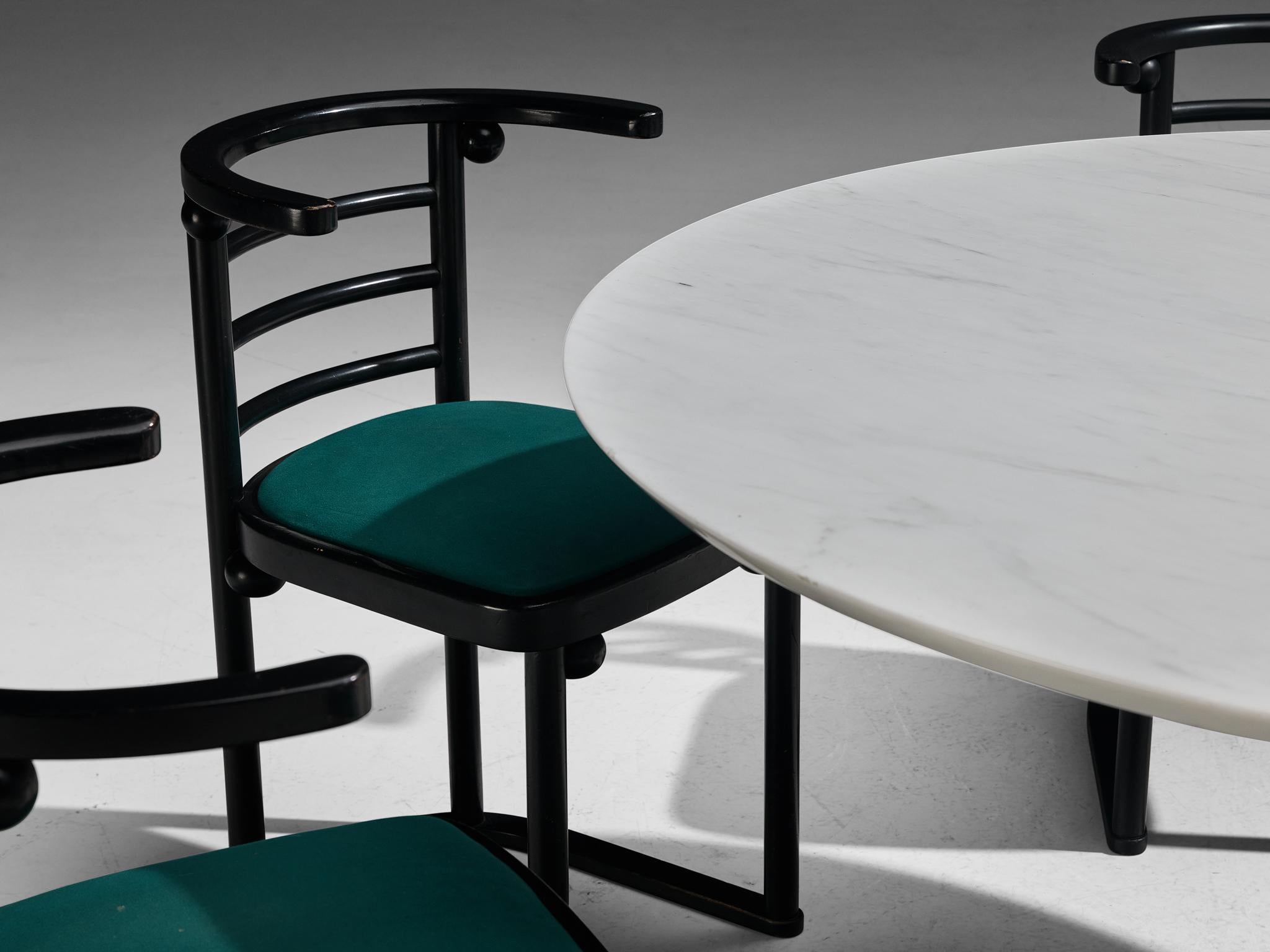 Mid-20th Century Set of a Round Marble Centre Table and Dining Chairs in Vivid Green Upholstery