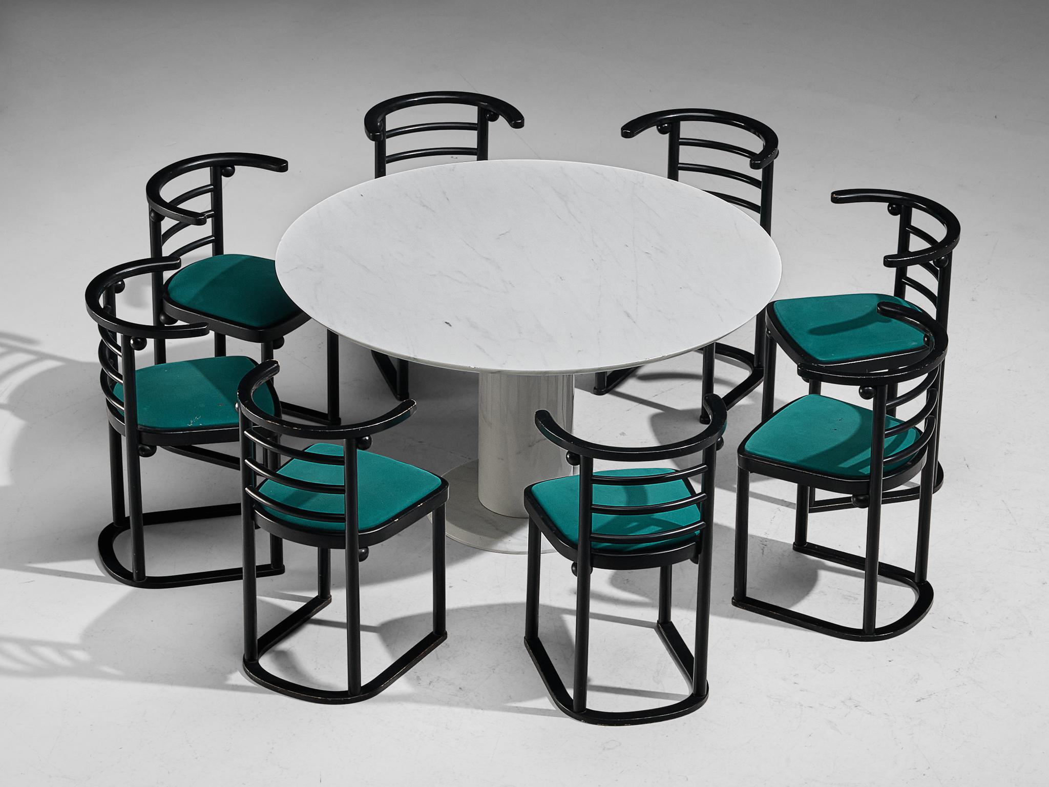 Set of a Round Marble Centre Table and Dining Chairs in Vivid Green Upholstery 1