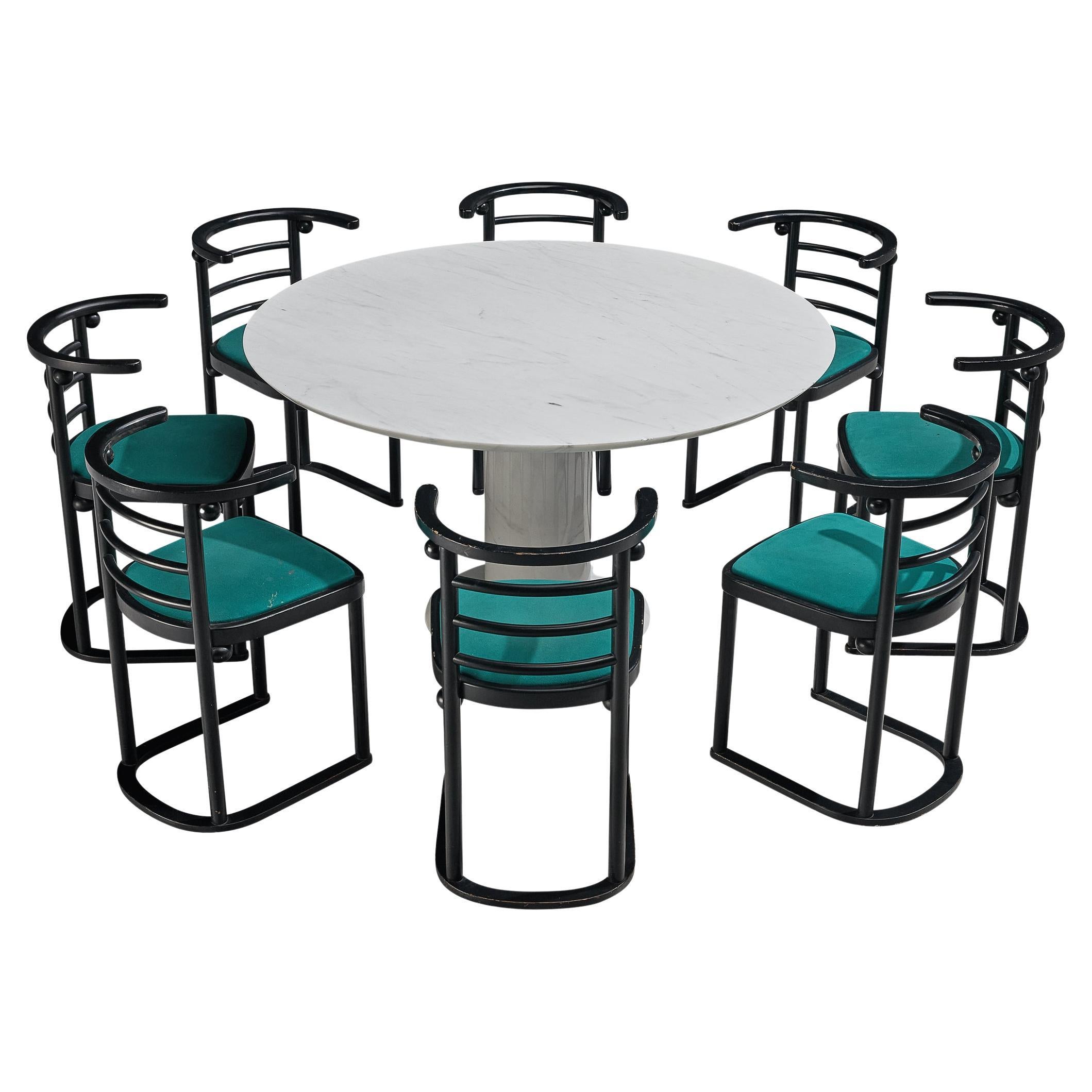 Set of a Round Marble Centre Table and Dining Chairs in Vivid Green Upholstery