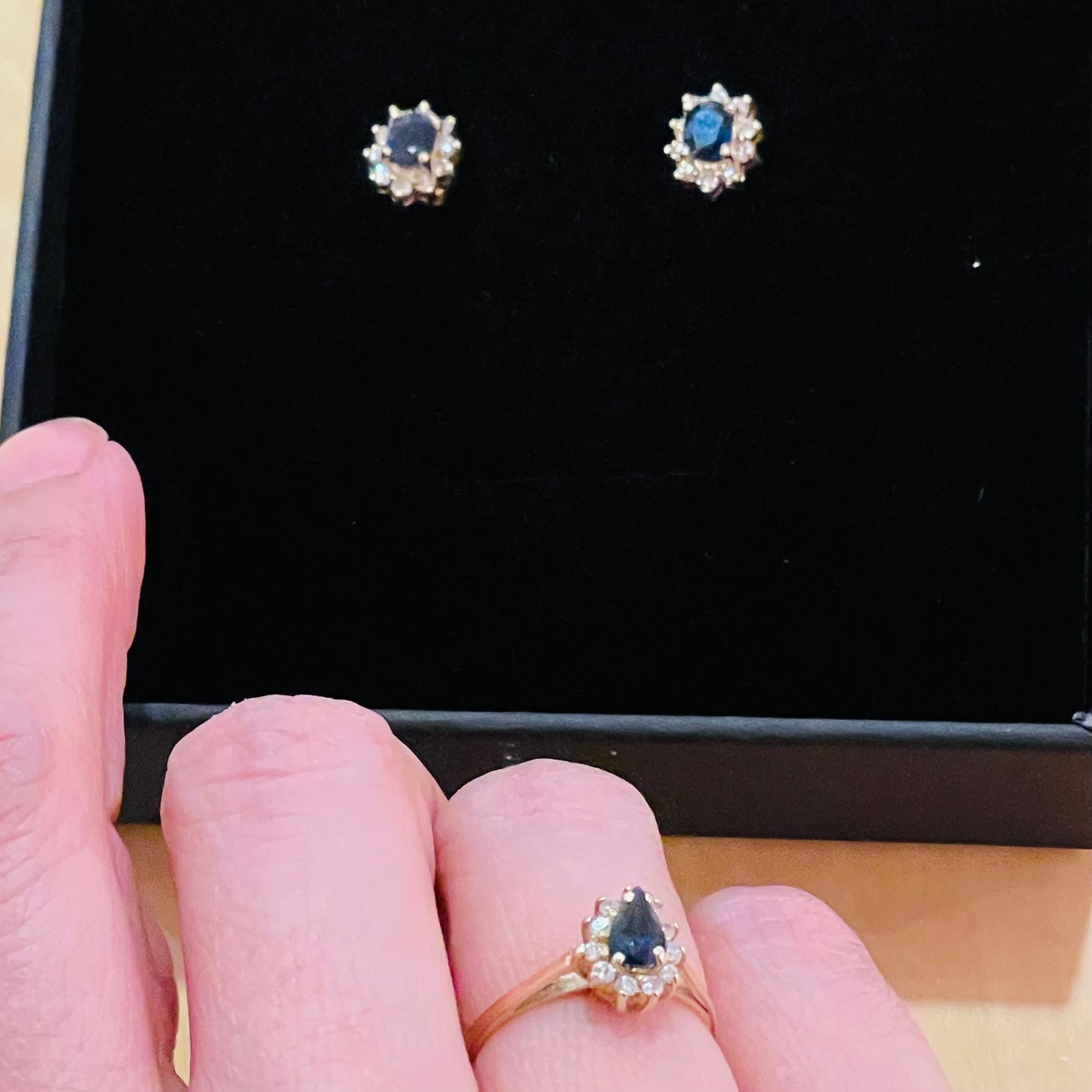 Set of a Sapphire Ring and Pair Earrings, 14k Gold, Diamond For Sale 1