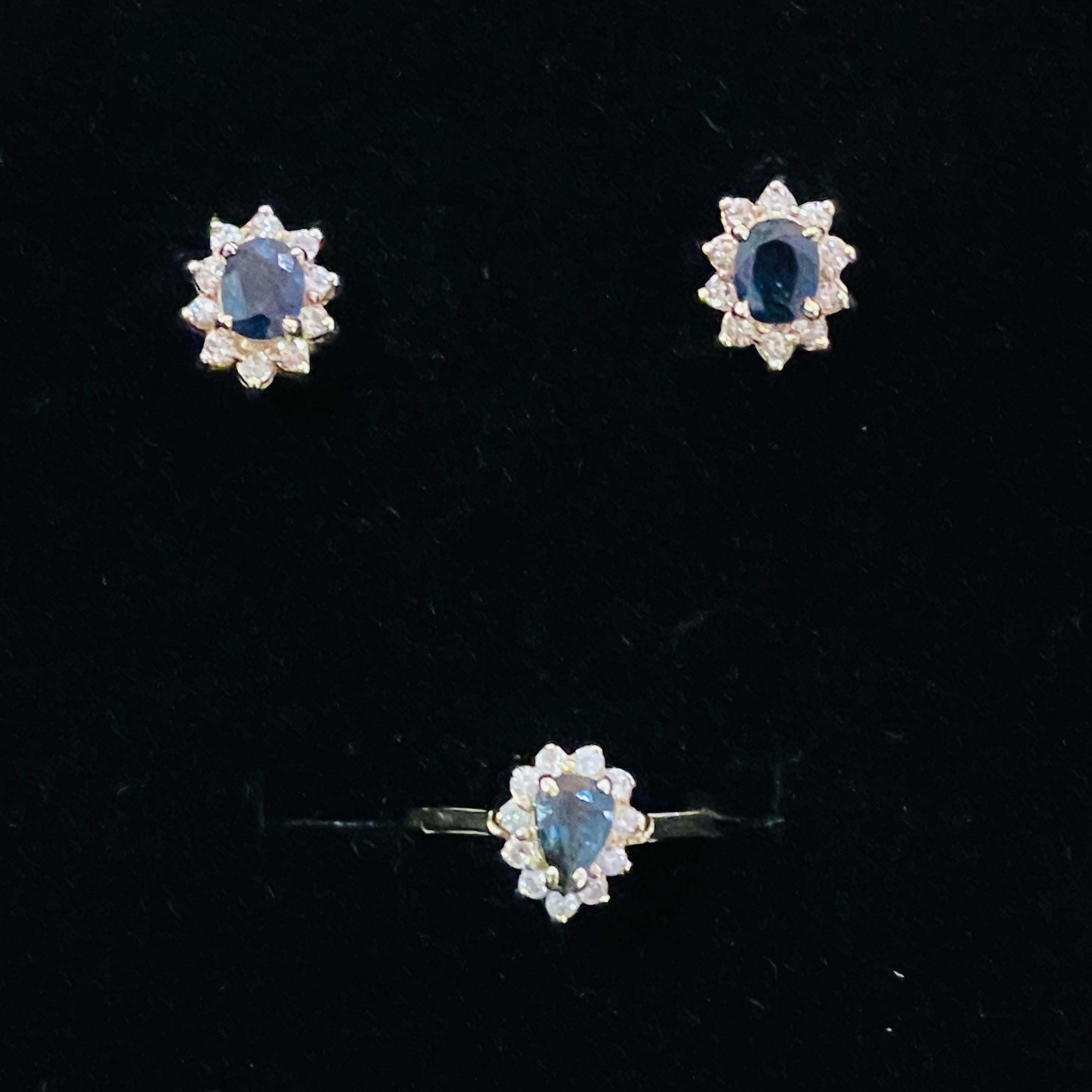 Set of a Sapphire Ring and Pair Earrings, 14k Gold, Diamond For Sale 3