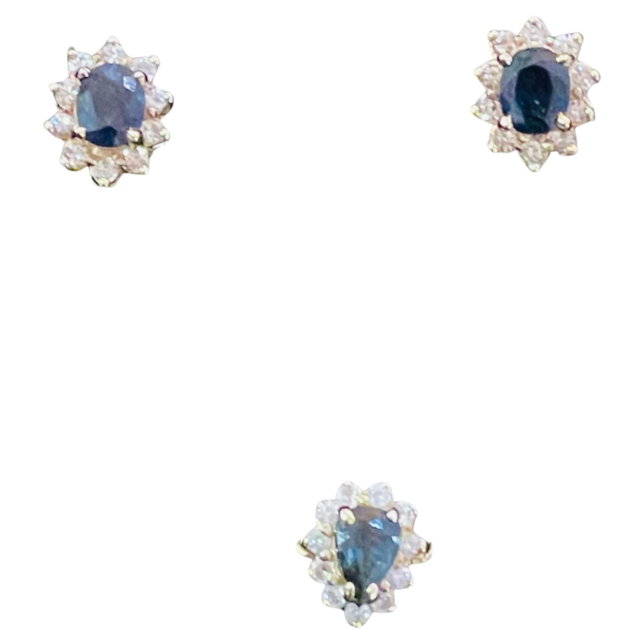 Set of a Sapphire Ring and Pair Earrings, 14k Gold, Diamond For Sale