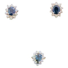 Set of a Sapphire Ring and Pair Earrings, 14k Gold, Diamond