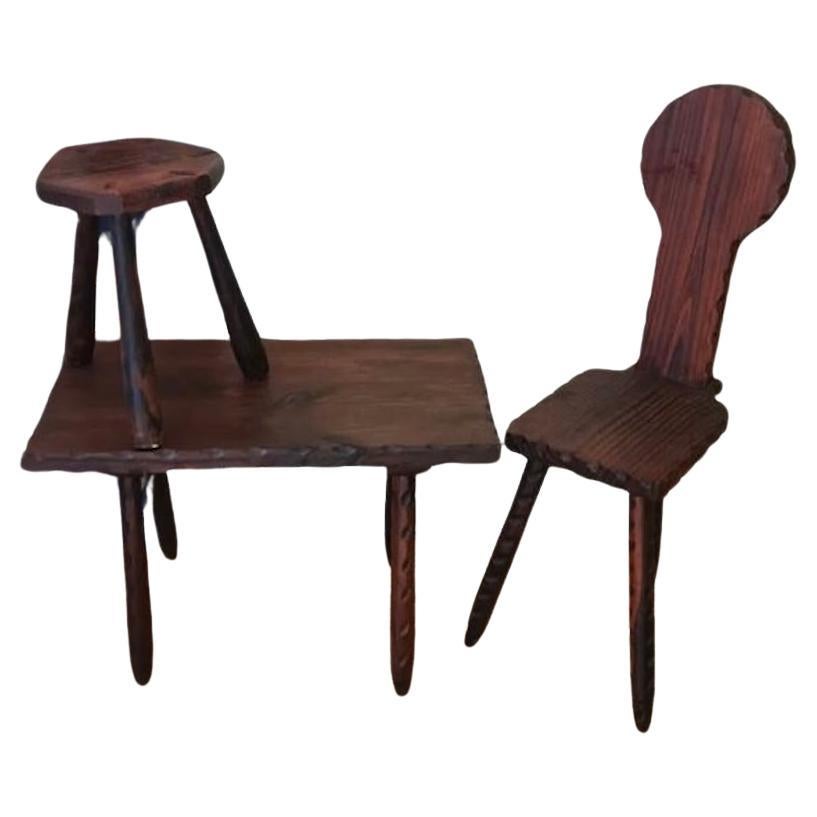 Ensemble de table, chaise et tabouret rustique en vente