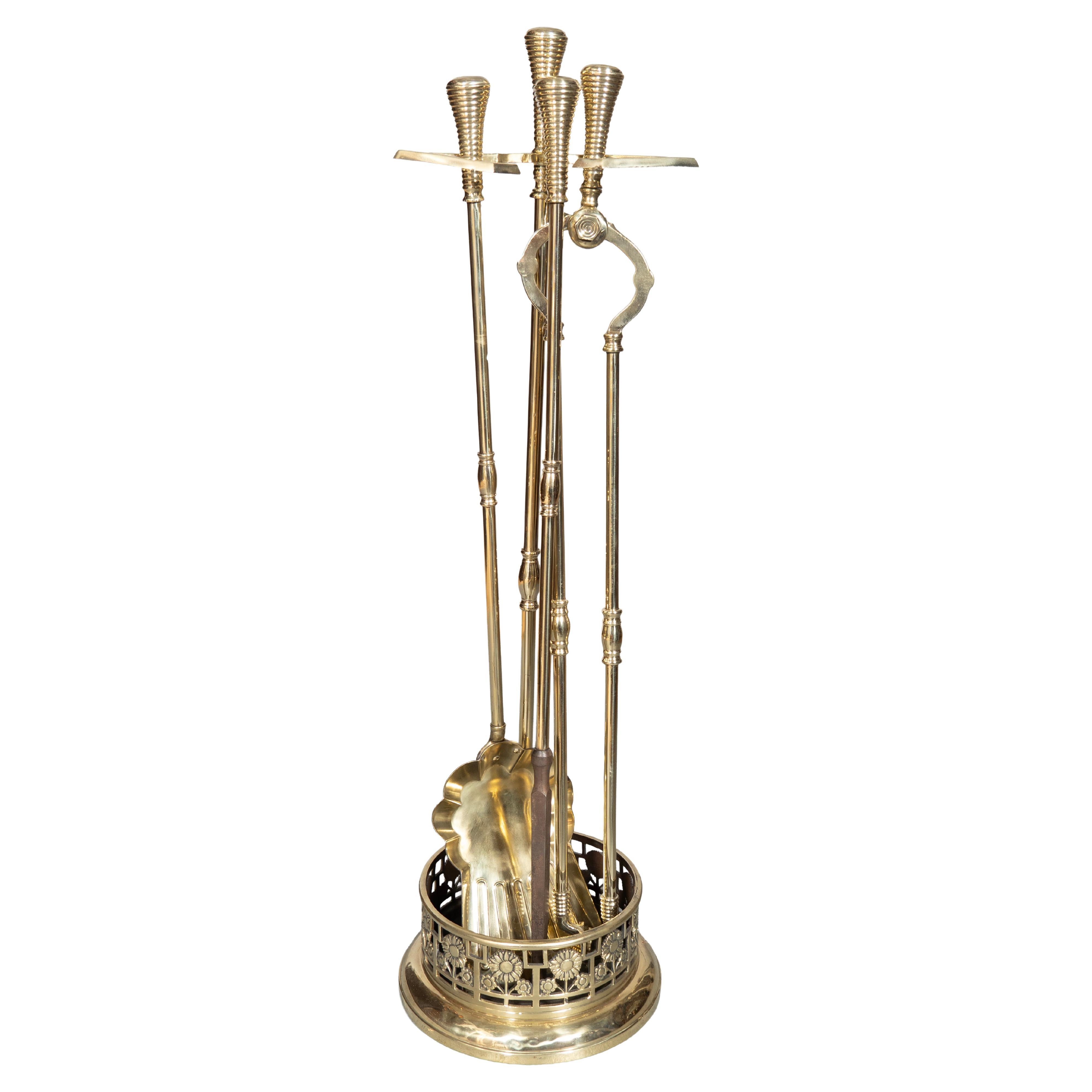 Set Of Aesthetic Movement Brass Fire tools And Stand