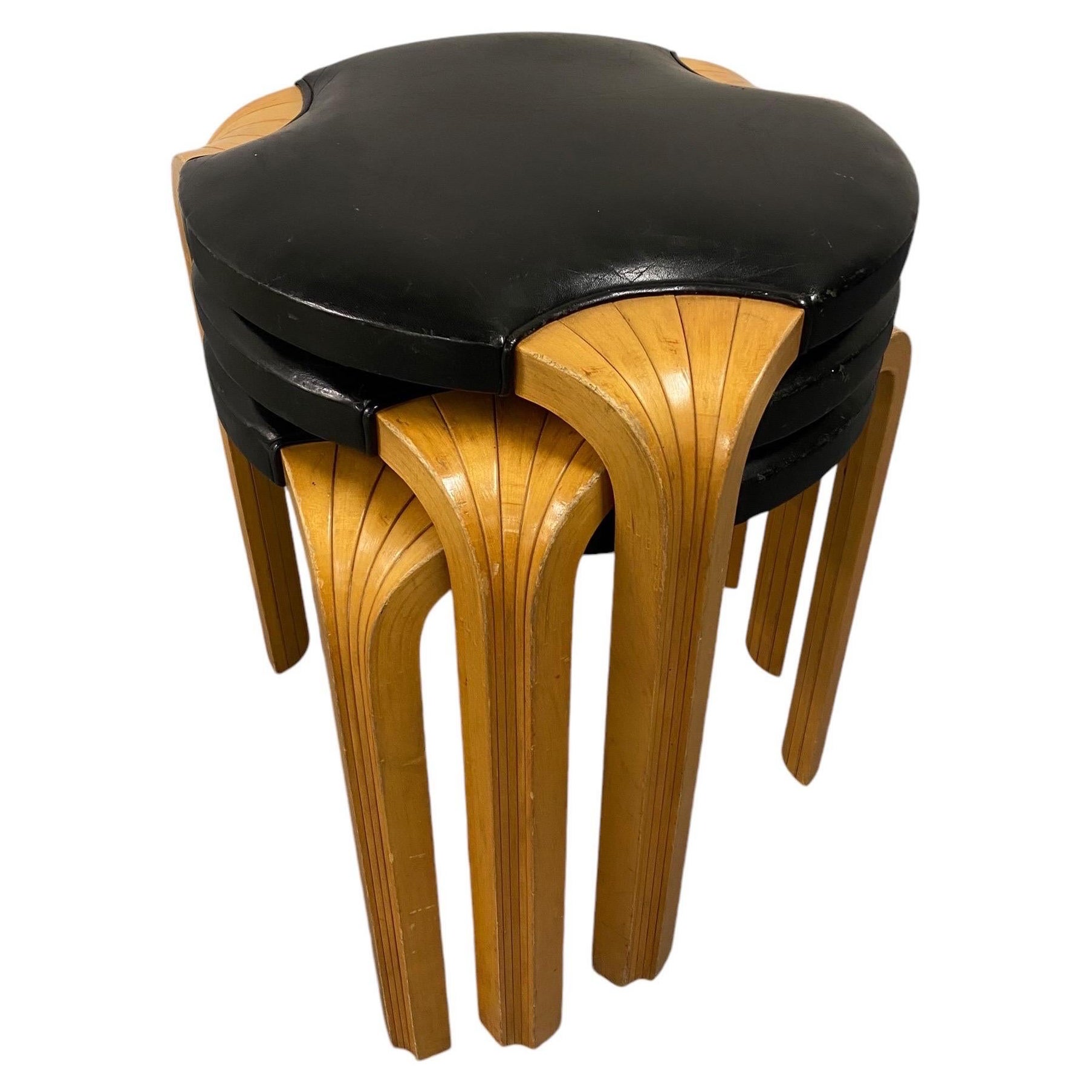 Set of Alvar Aalto Stool X600 in Birch and Original Black Leather, Artek, 1960s