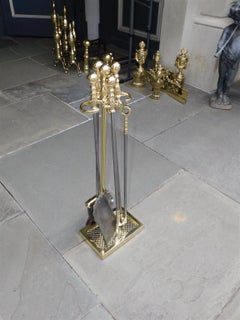 Set of American Brass and Polished Steel Fire Place Tools on Stand, 19th Century