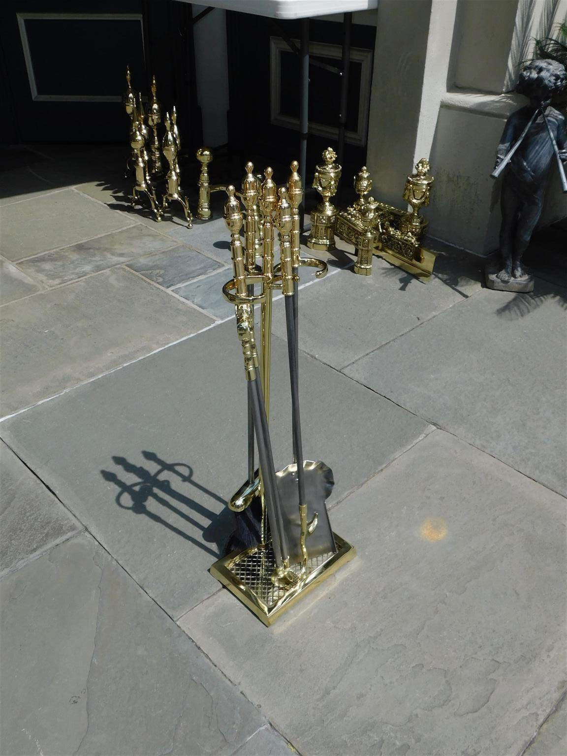 American Empire Set of American Brass and Polished Steel Fire Place Tools on Stand, 19th Century For Sale