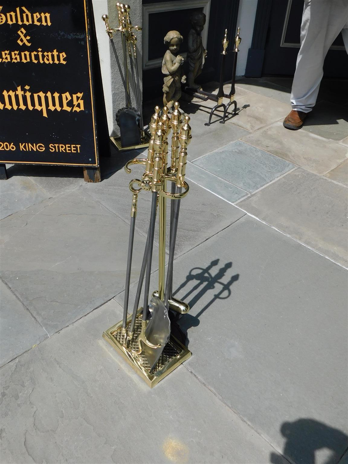Cast Set of American Brass and Polished Steel Fire Place Tools on Stand, 19th Century For Sale
