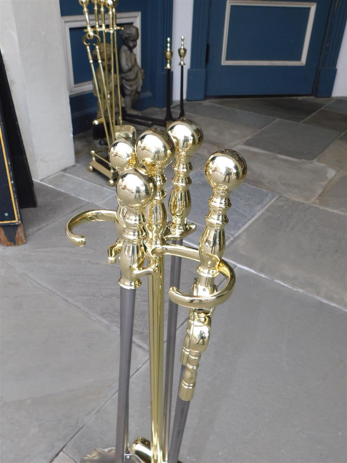 Cast Set of American Brass and Polished Steel Fire Place Tools on Stand, 19th Century For Sale