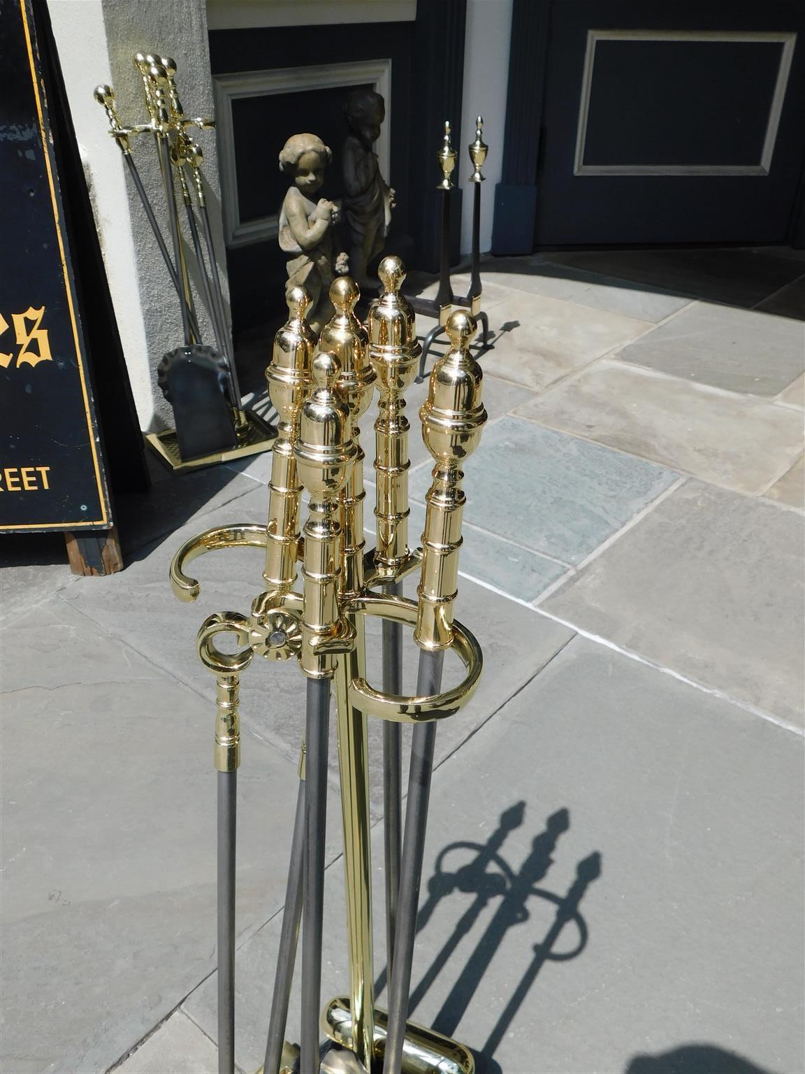 Set of American Brass and Polished Steel Fire Place Tools on Stand, 19th Century In Excellent Condition For Sale In Hollywood, SC