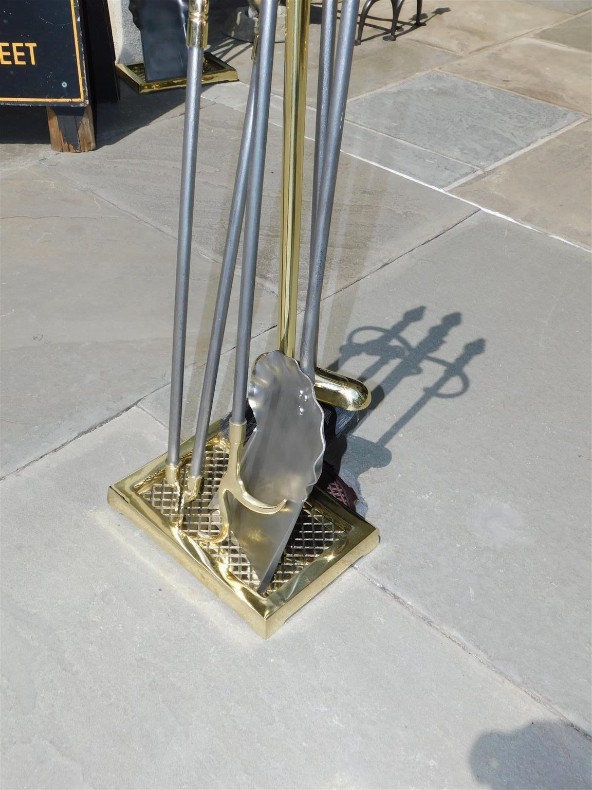 Set of American Brass and Polished Steel Fire Place Tools on Stand, 19th Century For Sale 1