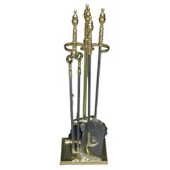 Set of American Brass and Polished Steel Fire Place Tools on Stand, 19th Century