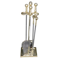 Antique Set of American Brass and Polished Steel Fire Place Tools on Stand, 19th Century
