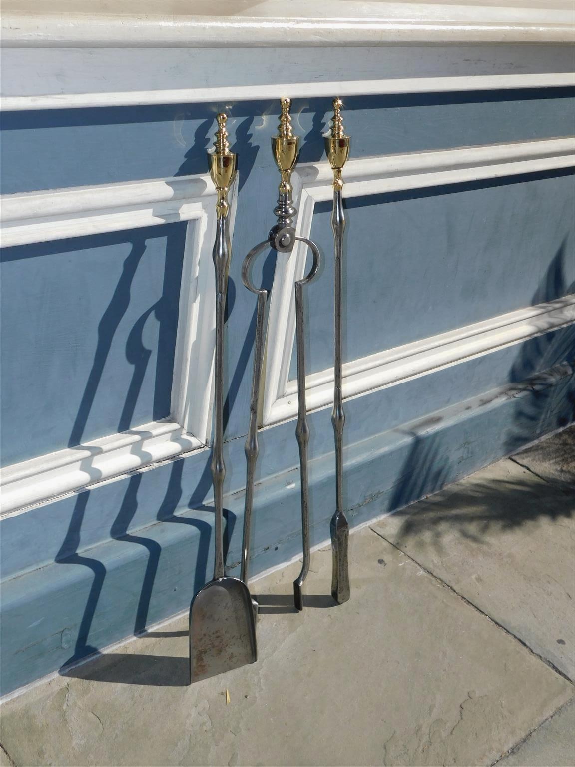 Set of American brass and polished steel urn finial Bulbous fire tools, early 19th century. Set consist of Shovel, Tong and Poker.