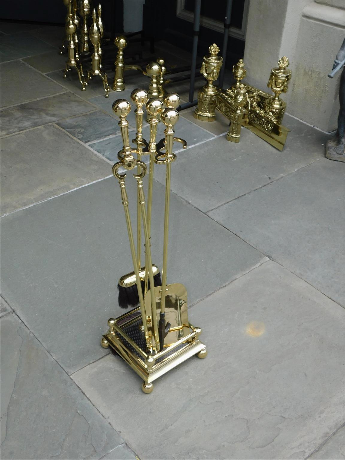 American Empire Set of American Brass Ball Finial Fire Place Tools on Stand with Ball Feet, 19th