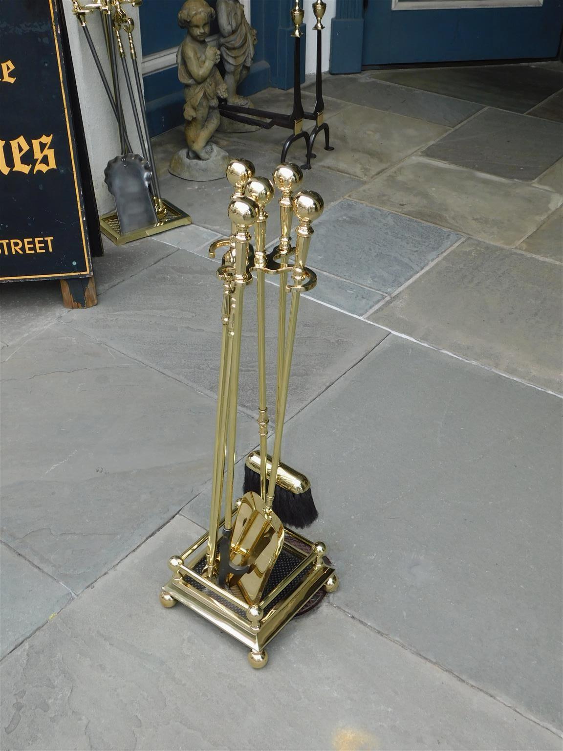 Cast Set of American Brass Ball Finial Fire Place Tools on Stand with Ball Feet, 19th